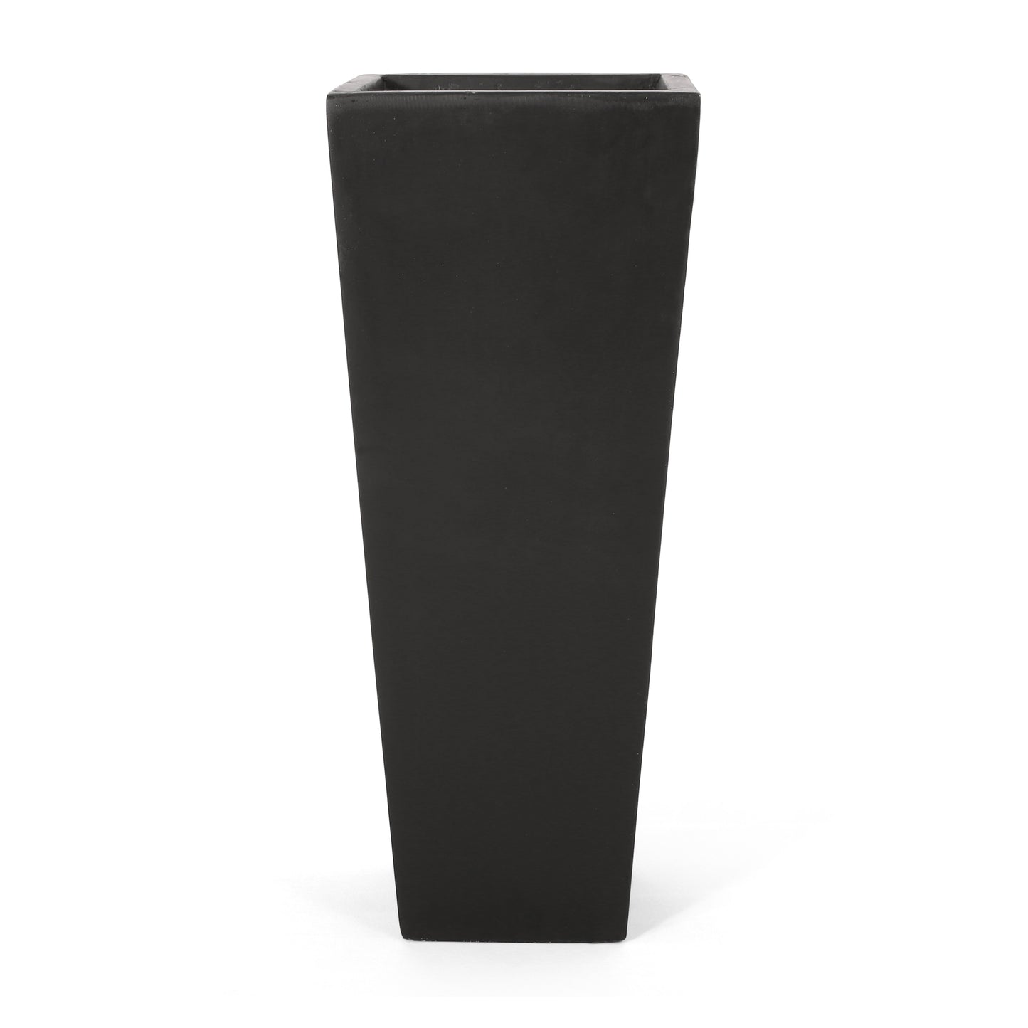 Tall black tapered planter with a square opening ideal for modern outdoor decor