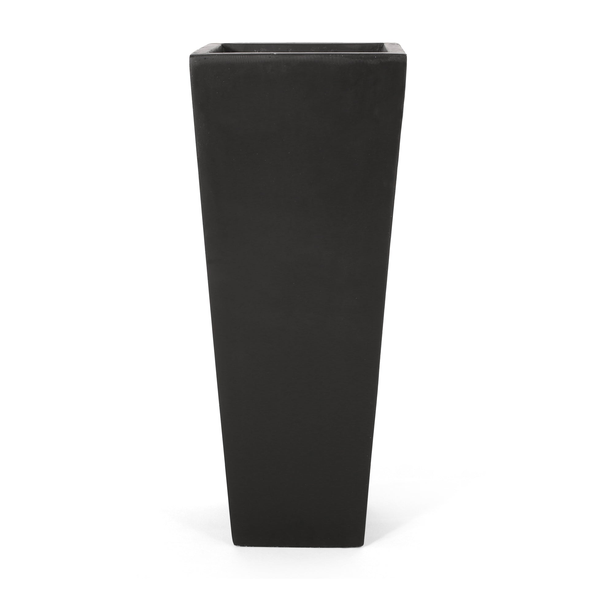Tall black tapered planter with a square opening ideal for modern outdoor decor