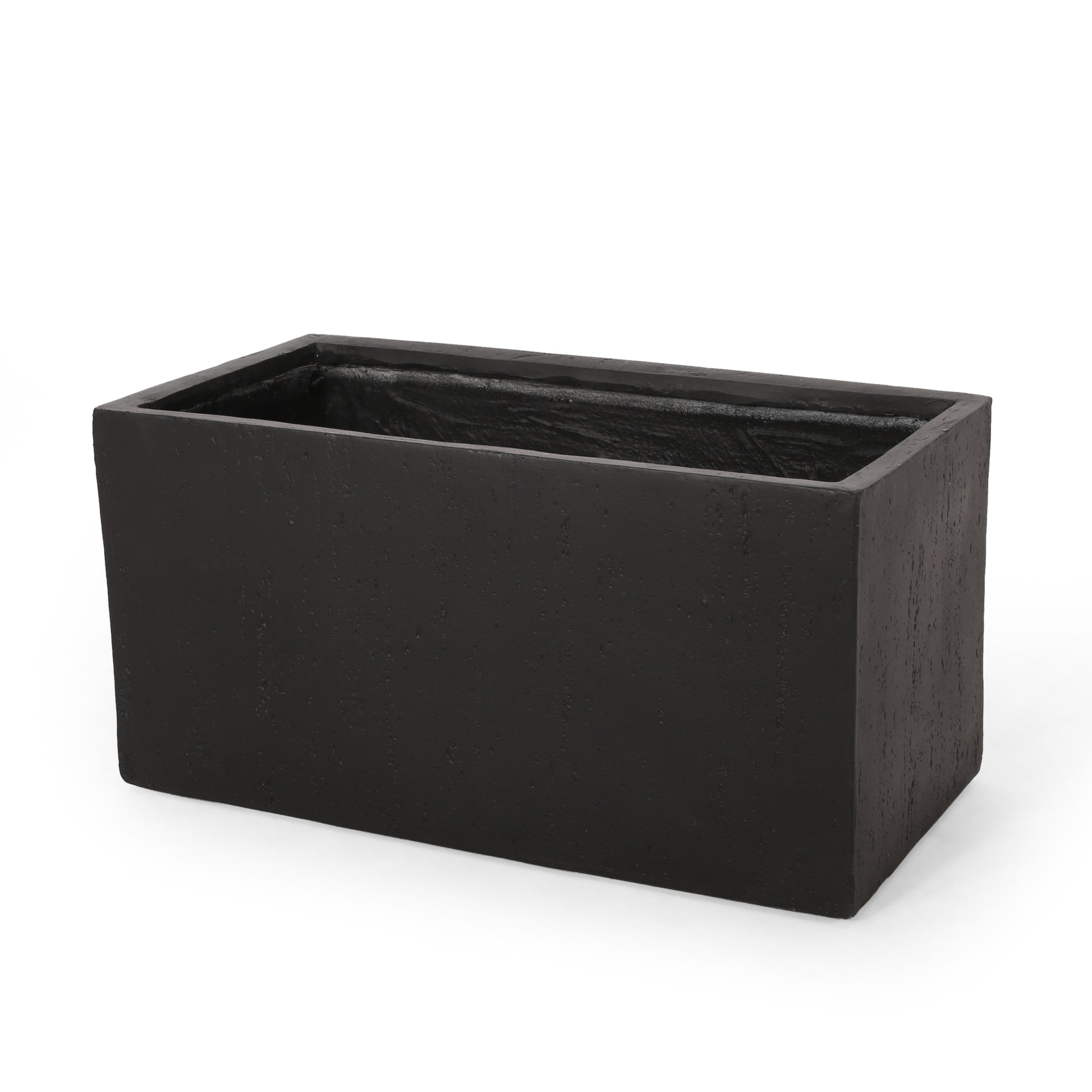 Rectangular black concrete planter with textured exterior surface