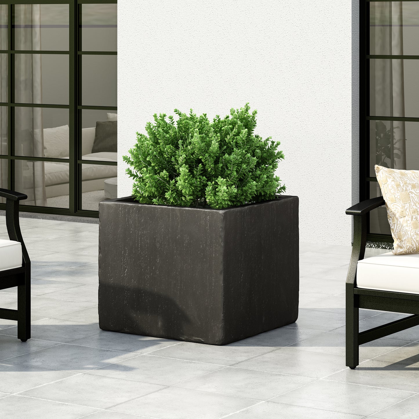 Dark charcoal modern planter box with clean lines perfect for contemporary outdoor spaces