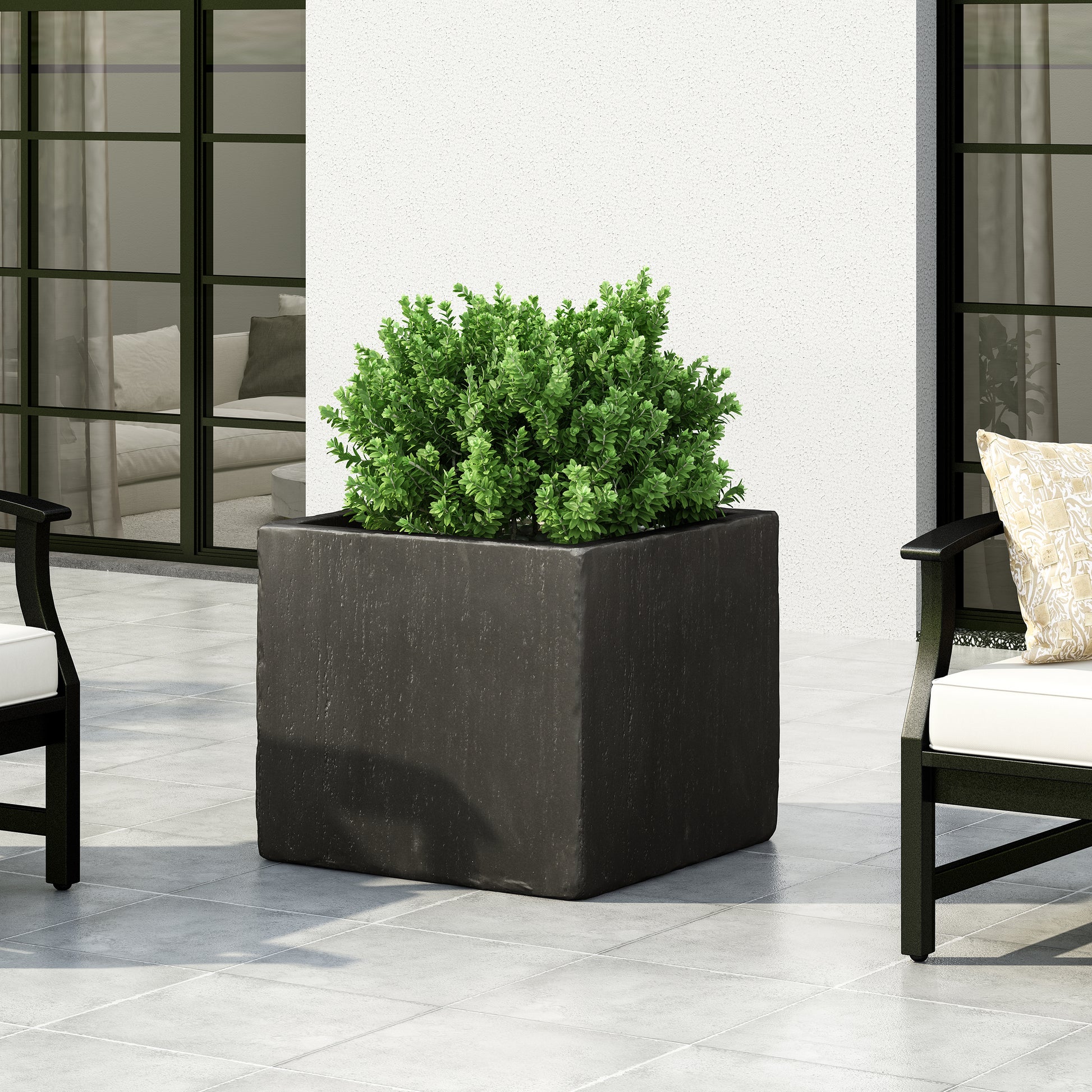 Dark charcoal modern planter box with clean lines perfect for contemporary outdoor spaces