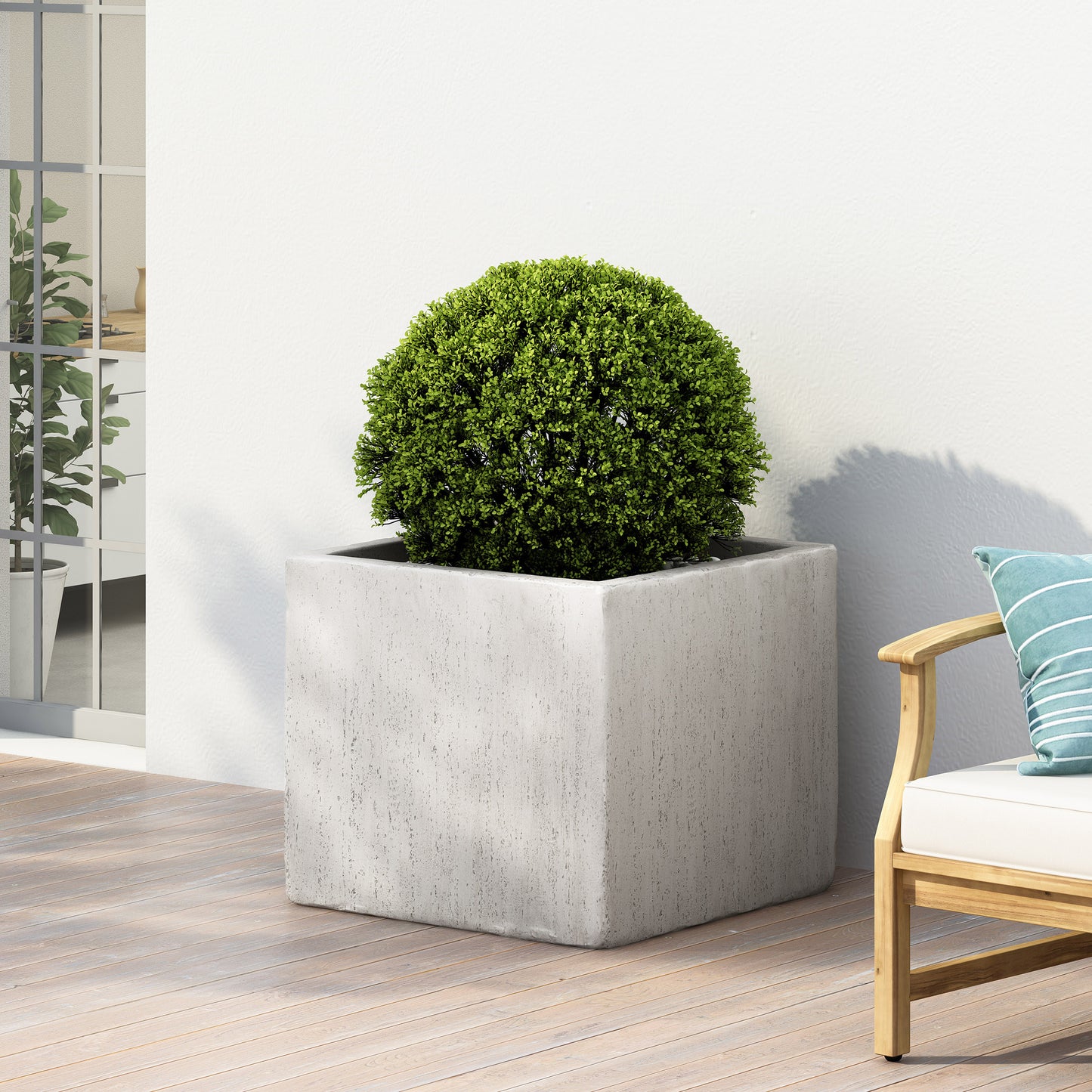 Square concrete planter with a perfectly spherical green shrub for modern outdoor decor