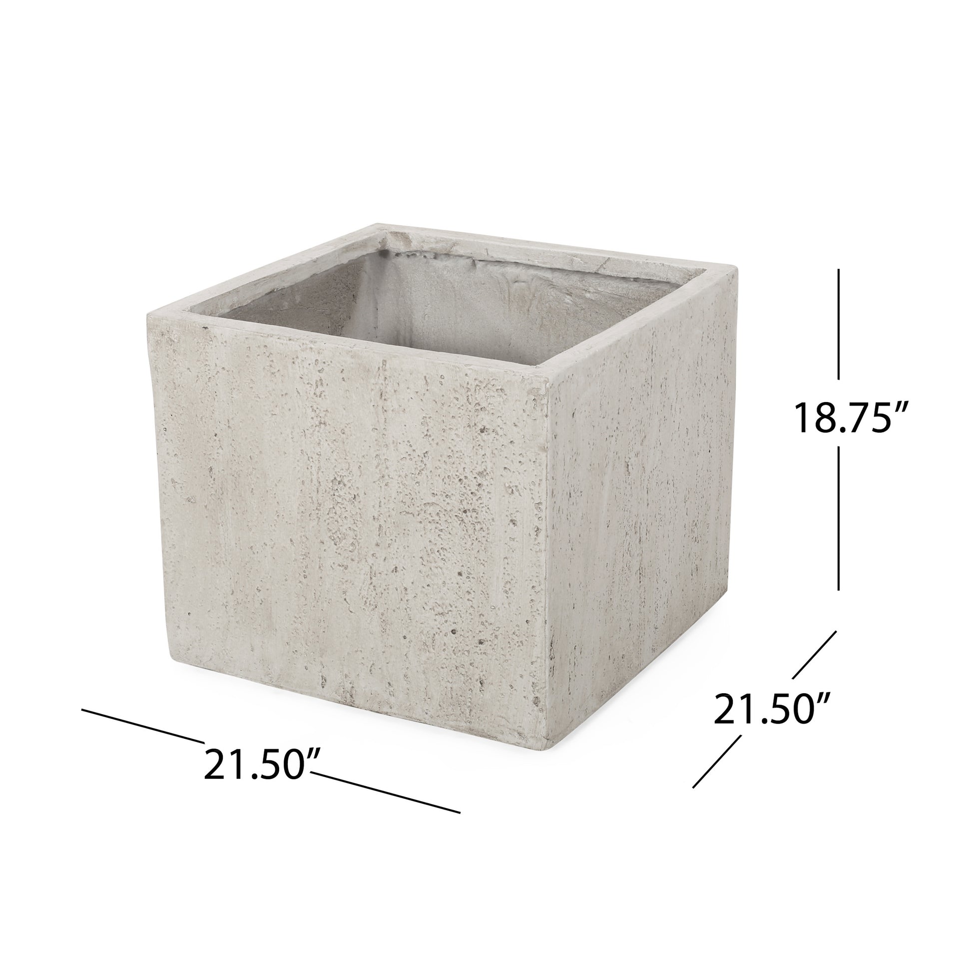 Large textured gray concrete square planter  inches wide and  inches tall