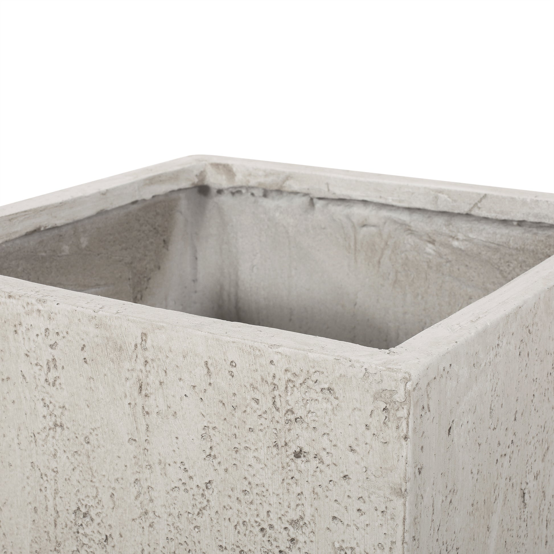 Rustic square concrete planter with textured exterior  characters