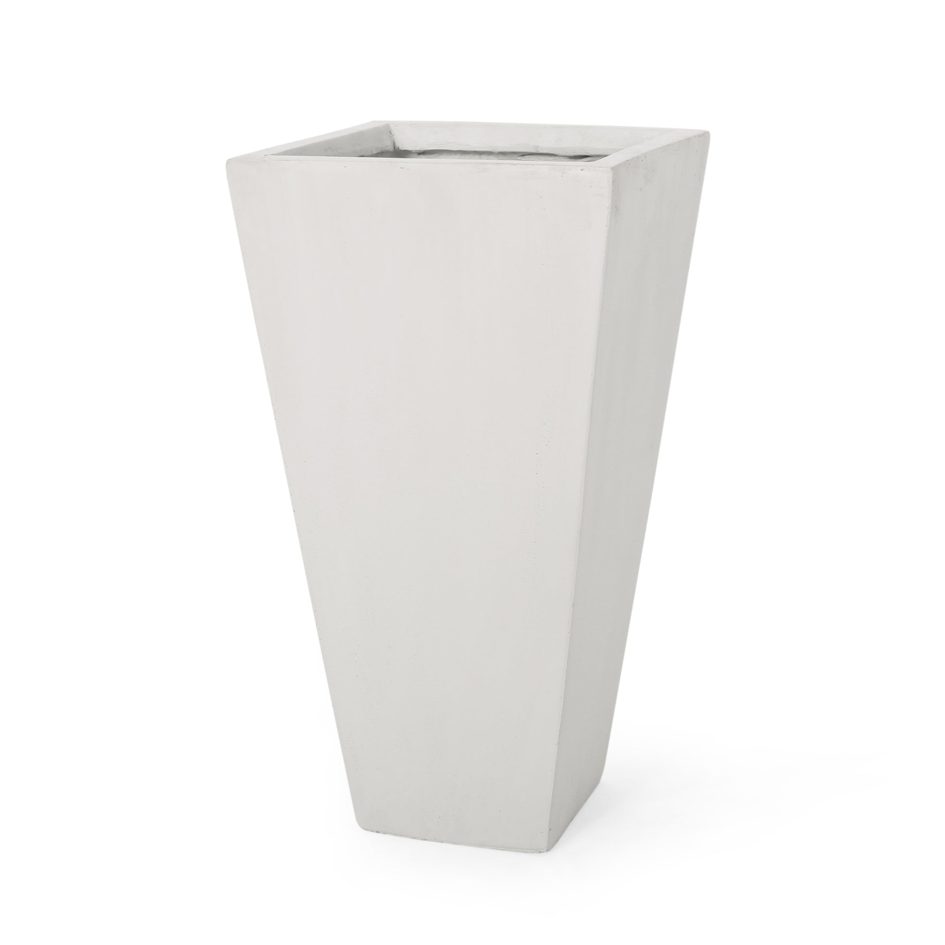 Tall concrete planter with a tapered square design and a textured finish