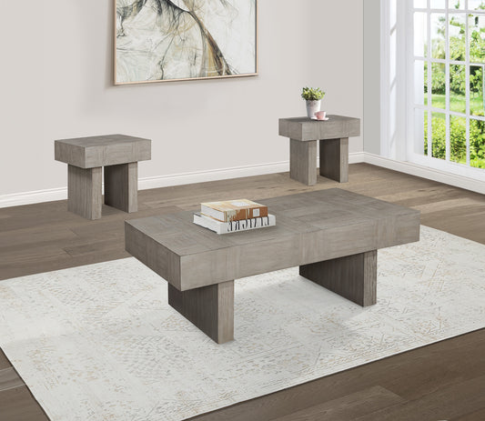 Modern grey wood coffee table with subtle textured surface set on a patterned rug