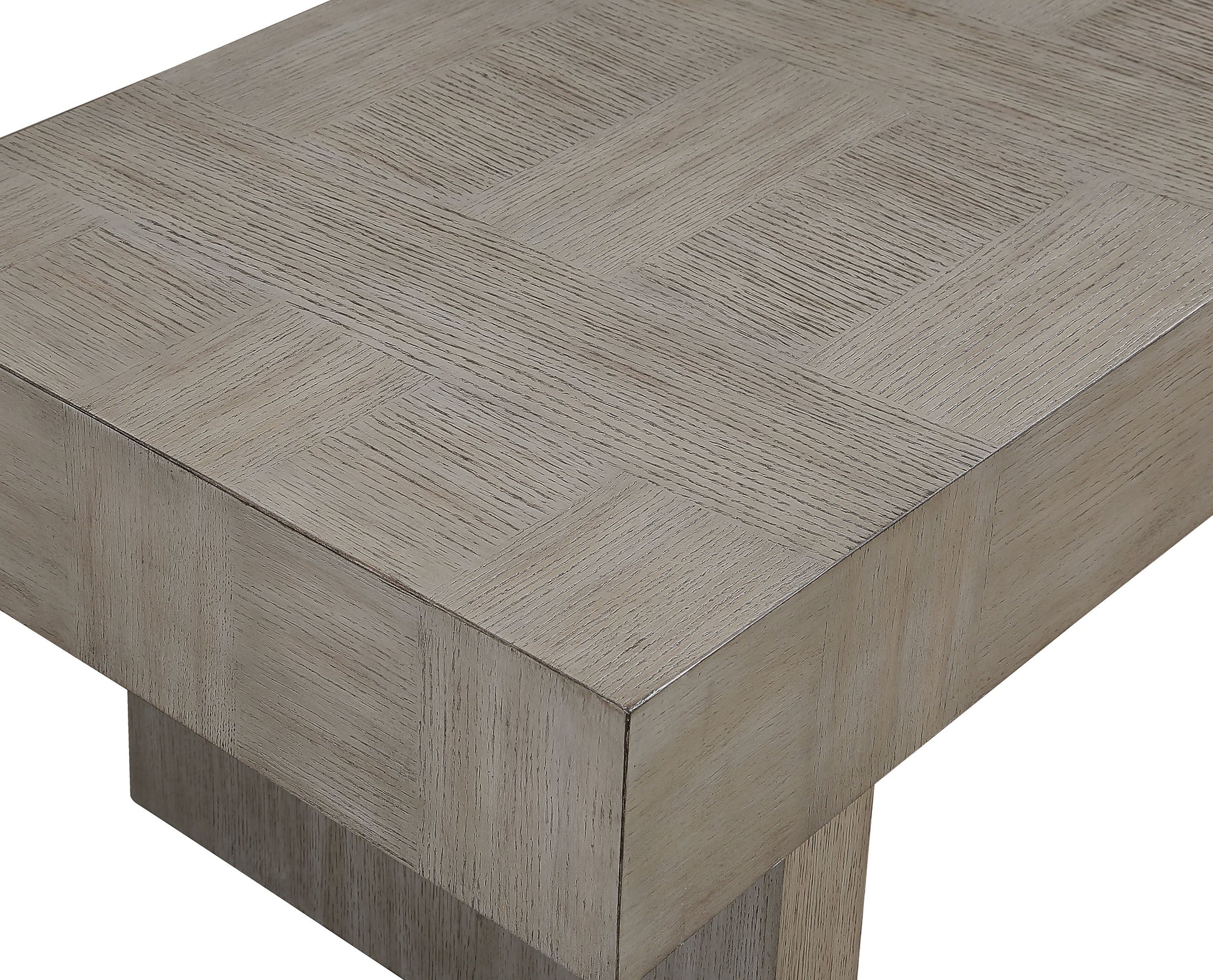 Weathered oak coffee table with parquet top design