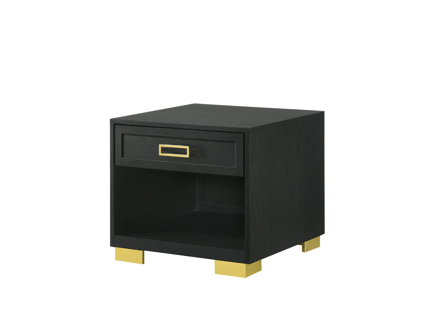 Black oak bedside table with brass hardware and modern gold legs featuring one drawer and an open shelf for storage