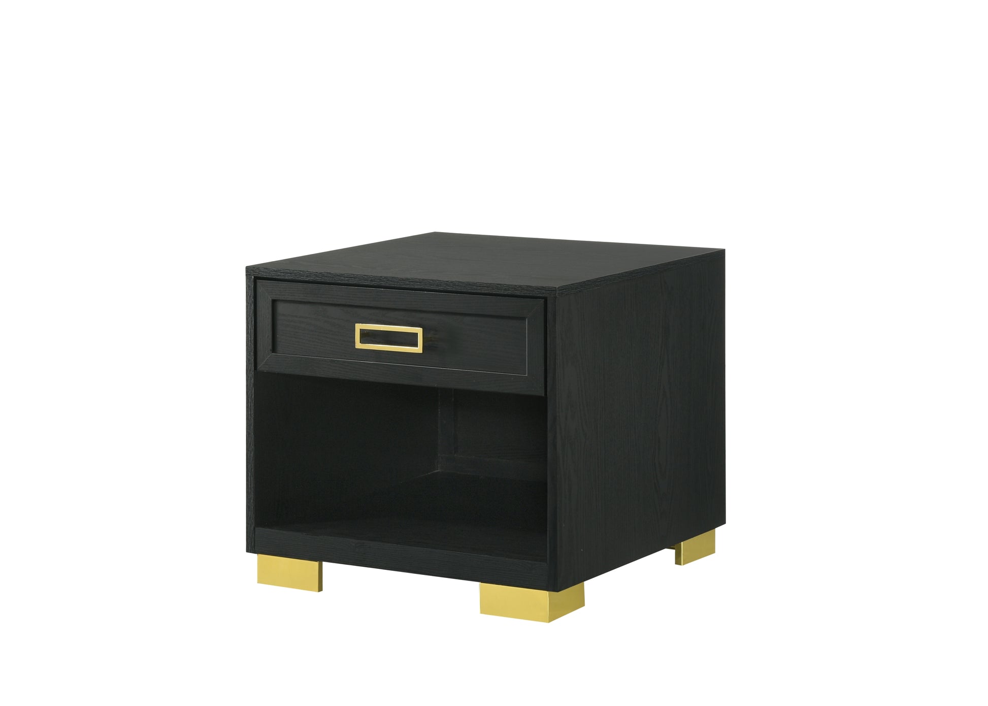Black oak bedside table with brass hardware and modern gold legs featuring one drawer and an open shelf for storage