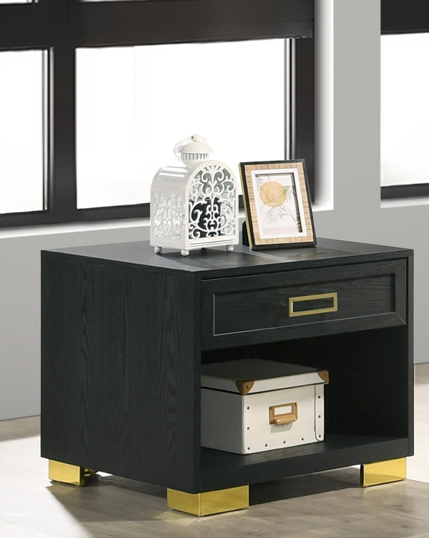 Modern black wood nightstand with gold accents and open shelf
