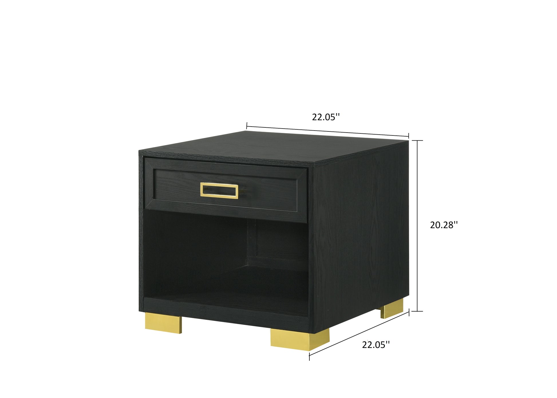 Black wood nightstand with a single drawer and gold hardware