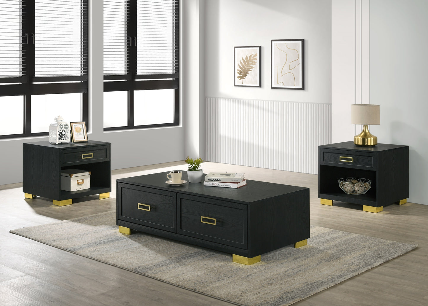 Black oak coffee table with brass hardware featuring two drawers and gold accents