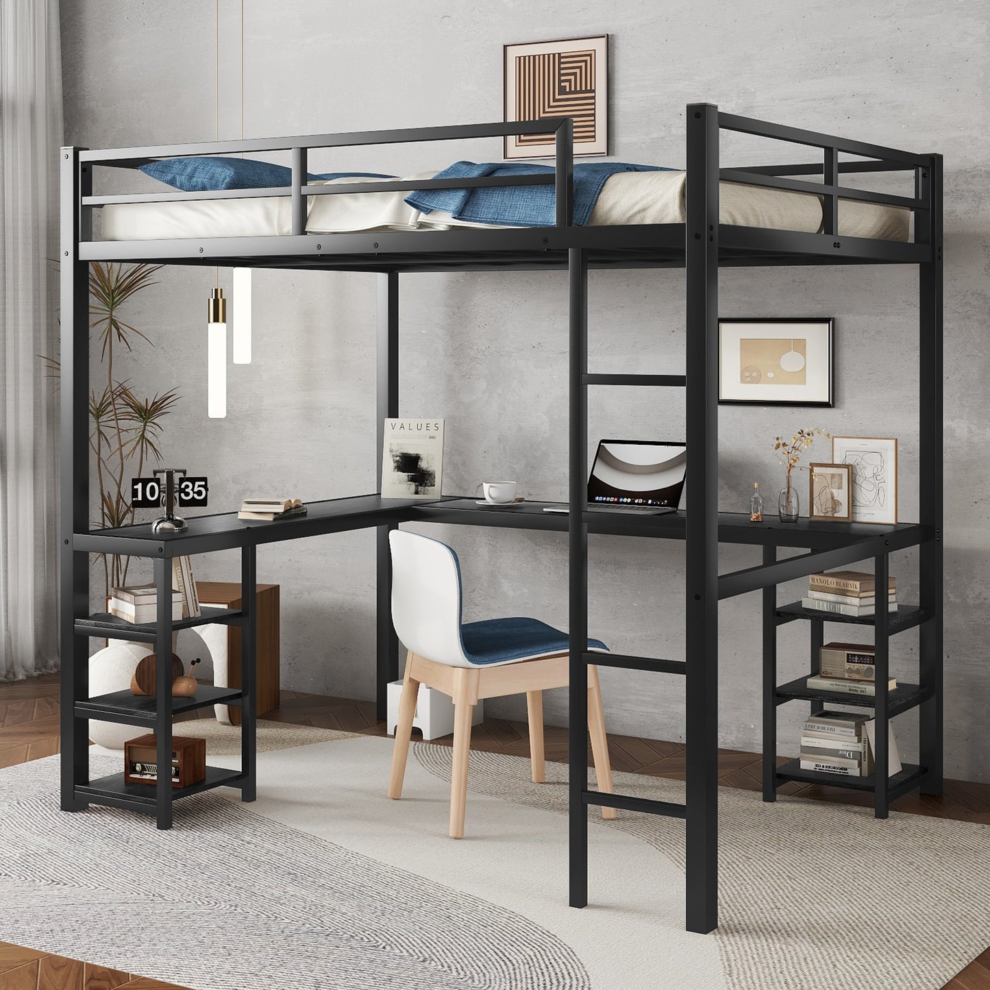 TREATLIFE HOME Full Metal Loft Bed with Integrated Desk and Shelves, Space-Saving Solution in Black with Ladder and Guardrails