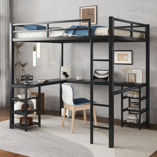 TREATLIFE HOME Full Metal Loft Bed with Integrated Desk and Shelves, Space-Saving Solution in Black with Ladder and Guardrails