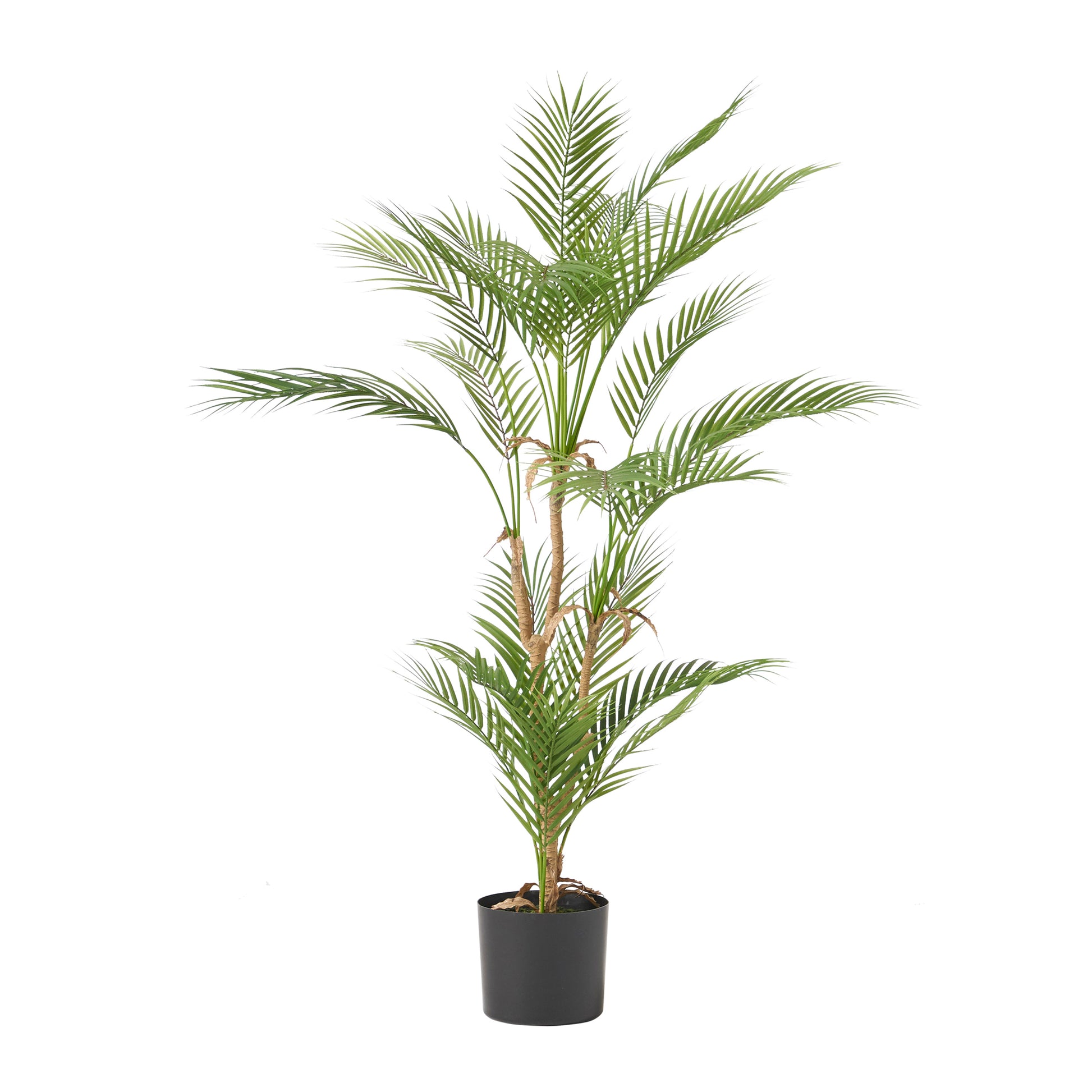 Tall artificial Areca palm with green fronds in a black pot