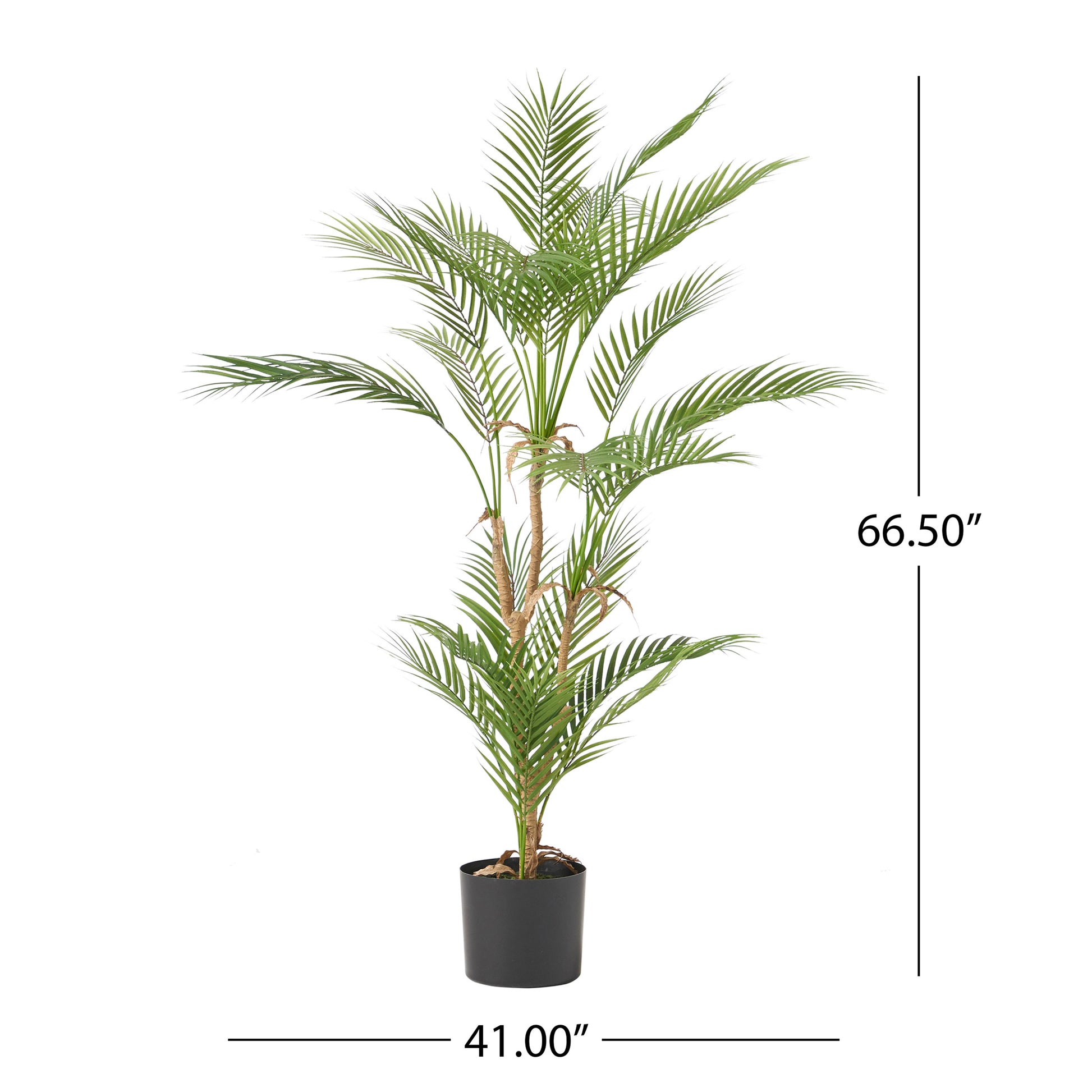 Tall artificial Areca palm tree in a black planter pot with lush green fronds