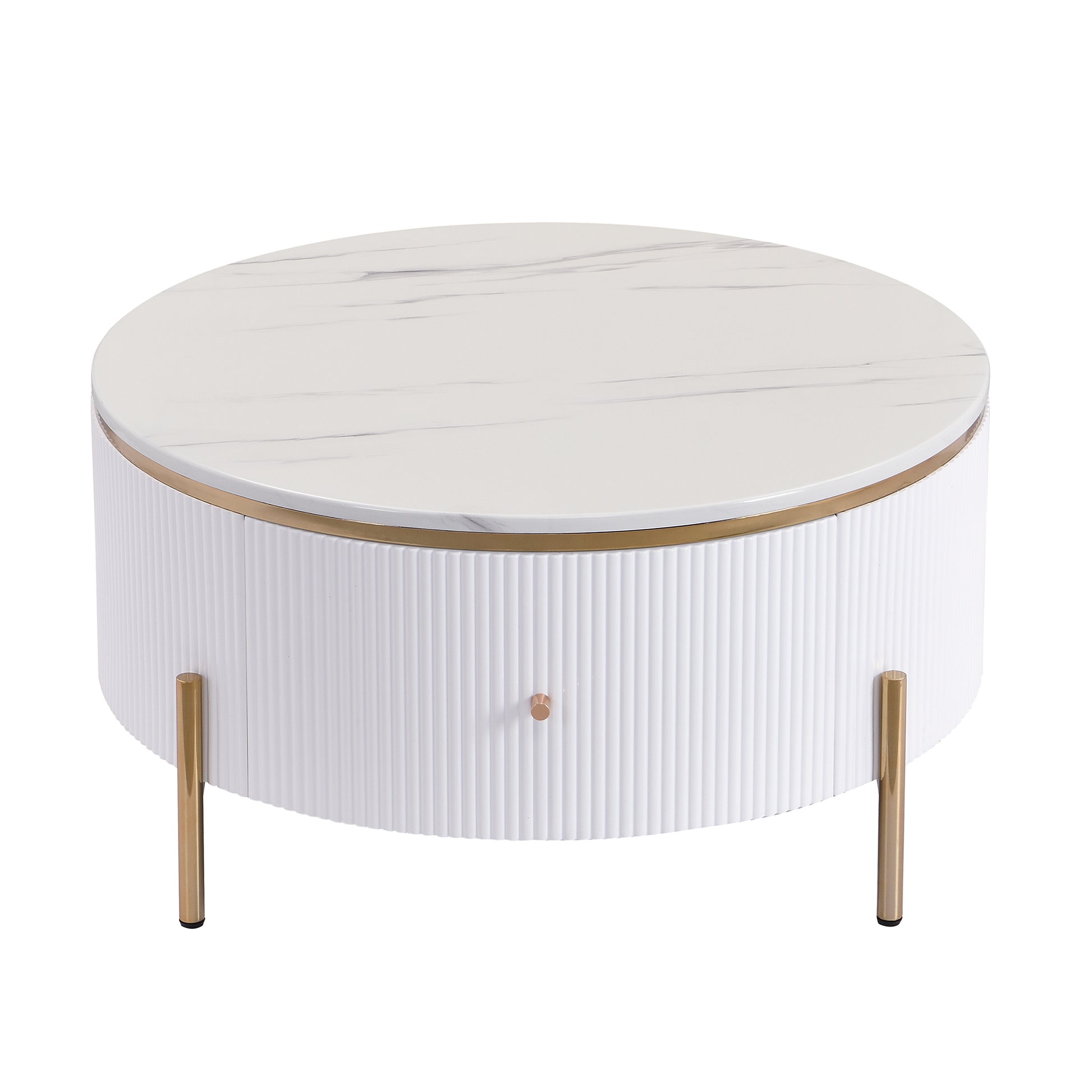 Round fluted white coffee table with marble top and gold accents
