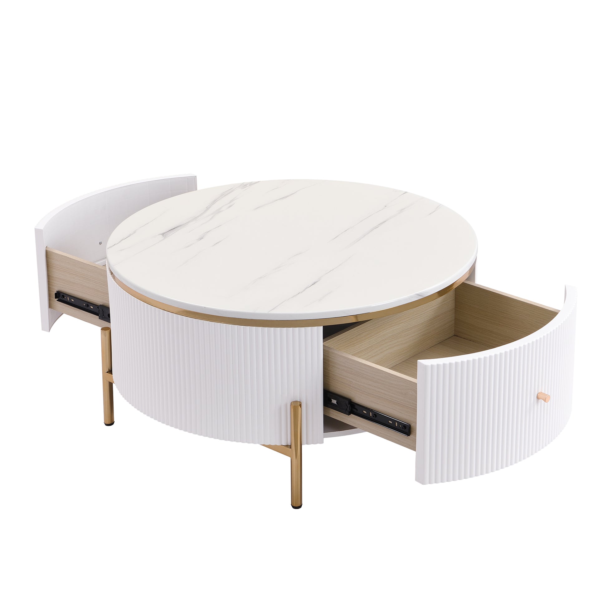 Round white marble top coffee table with ribbed texture and gold legs