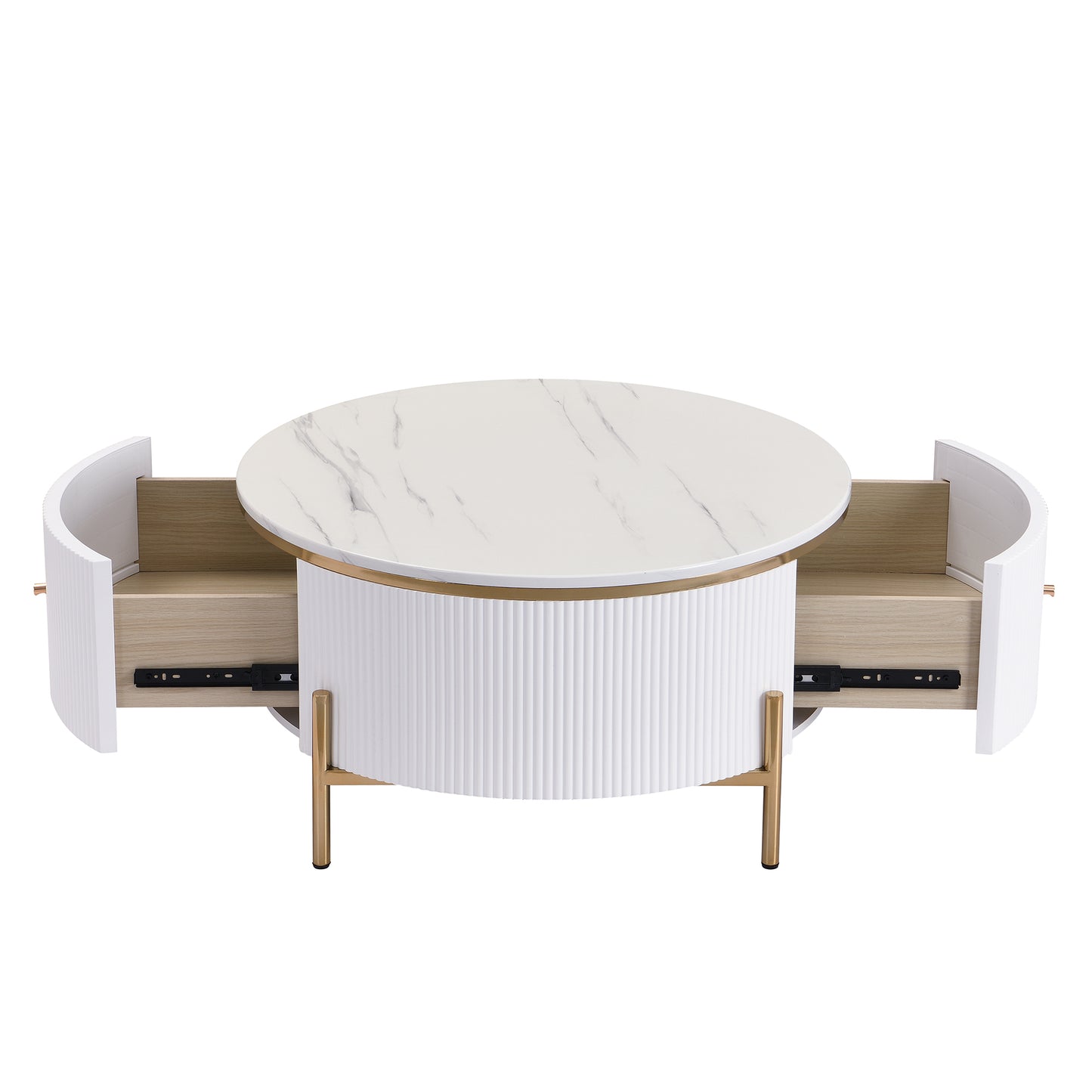 Round coffee table with white marble top fluted white base and gold legs