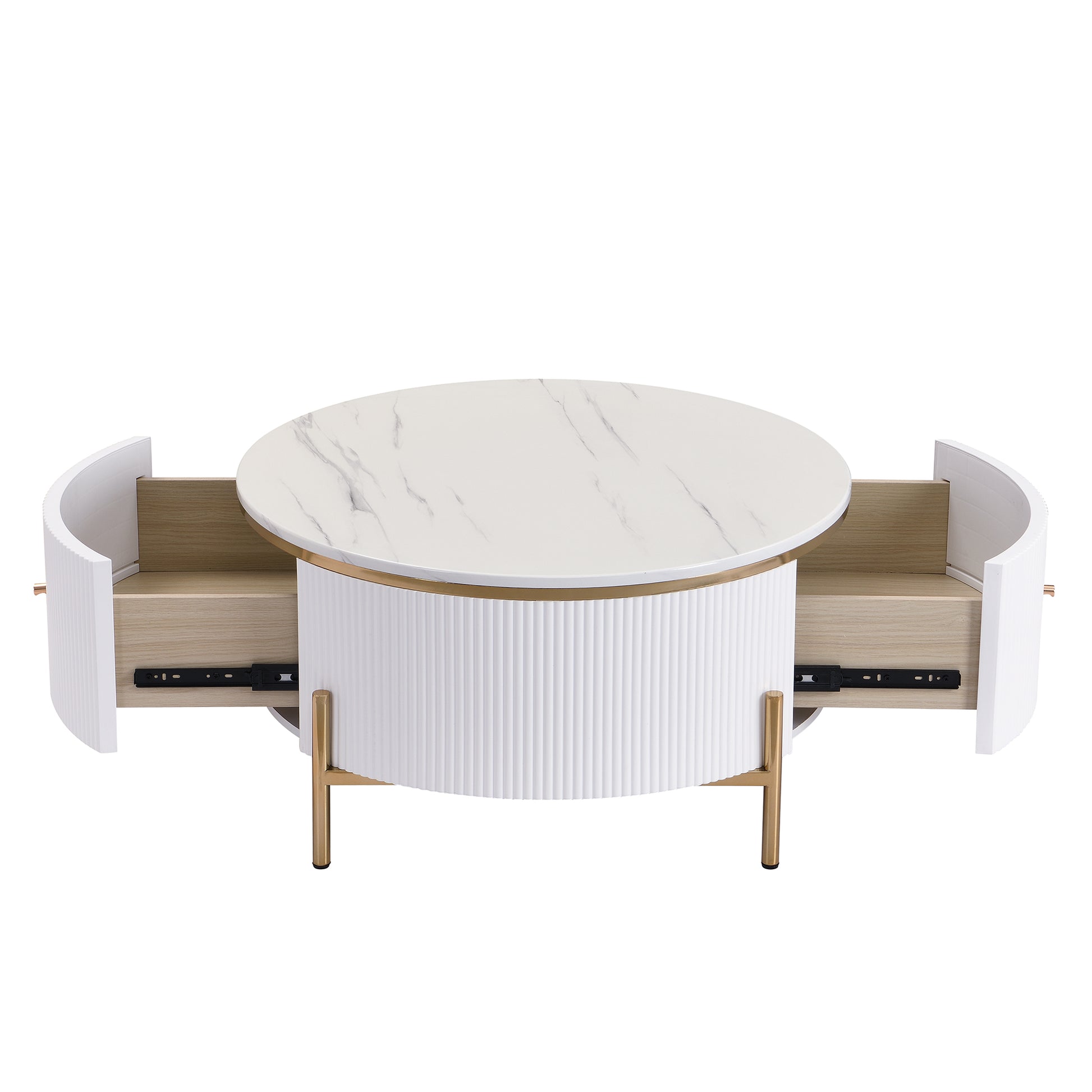 Round coffee table with white marble top fluted white base and gold legs