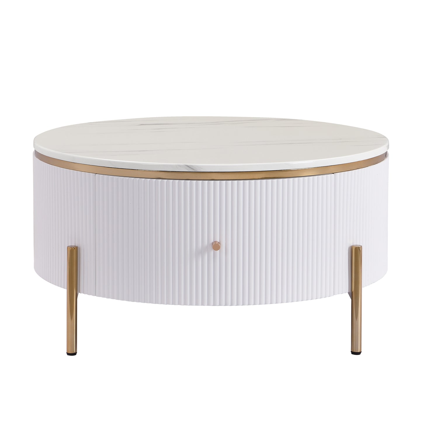 Modern round coffee table with white faux marble top and fluted white base