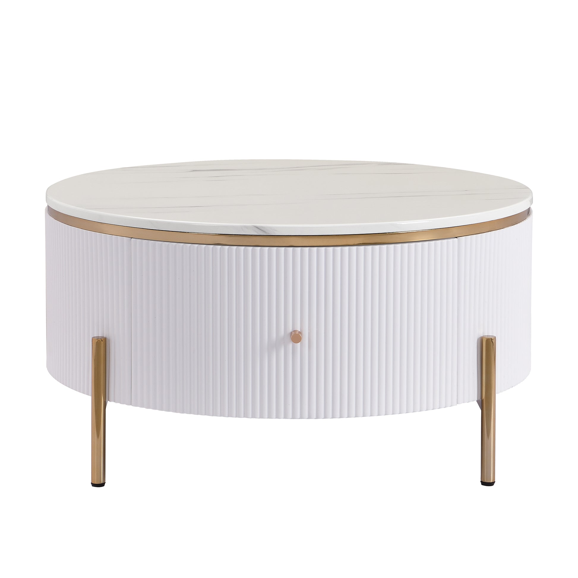 Modern round coffee table with white faux marble top and fluted white base