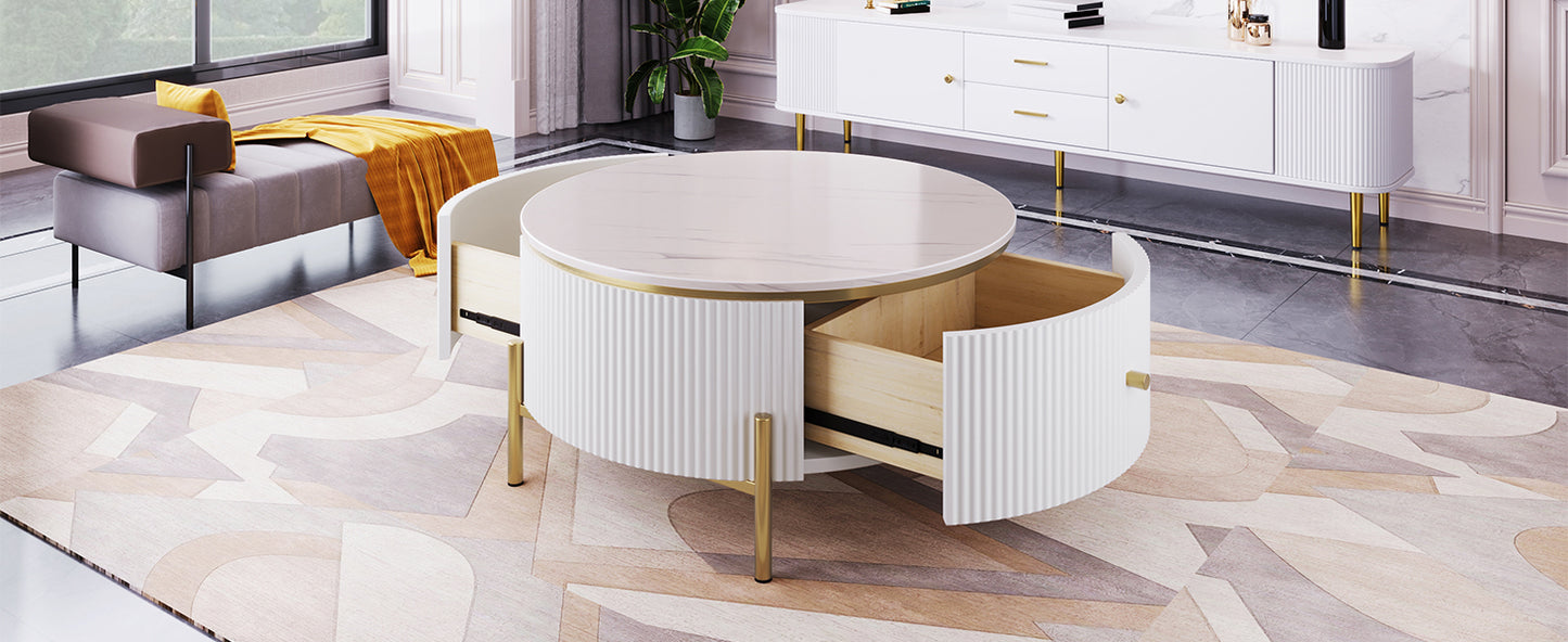 White round coffee table with fluted drawers and marble top gold legs
