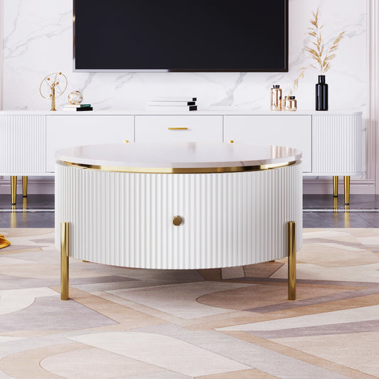 Round white coffee table with ribbed texture and gold accents modern living room centerpiece