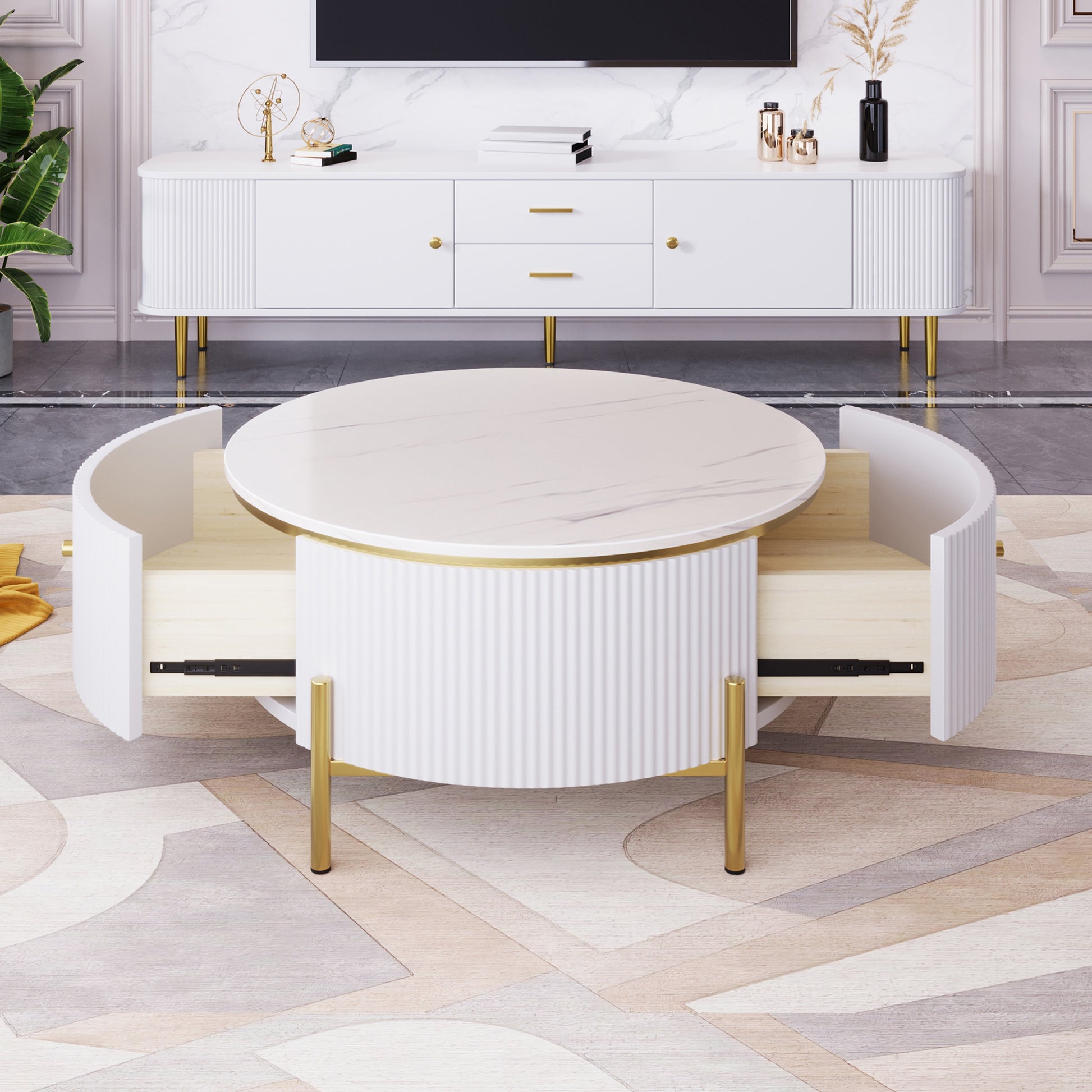 White marbletop coffee table with ribbed sides and gold legs