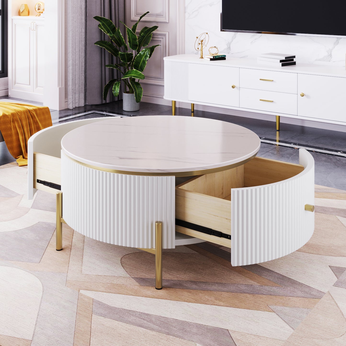 Modern round coffee table with white fluted design and marble top