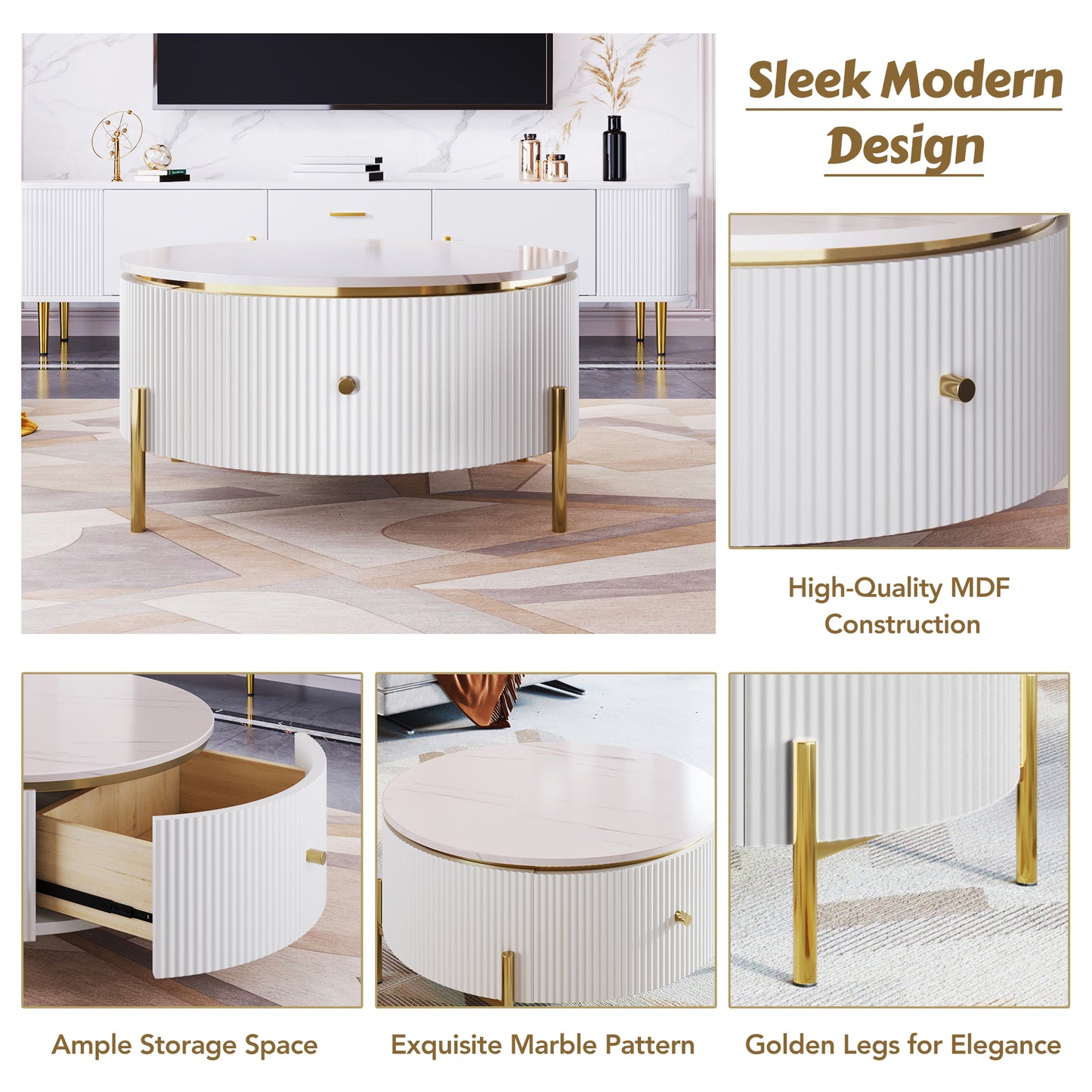 Modern white round coffee table with fluted detail and gold accents