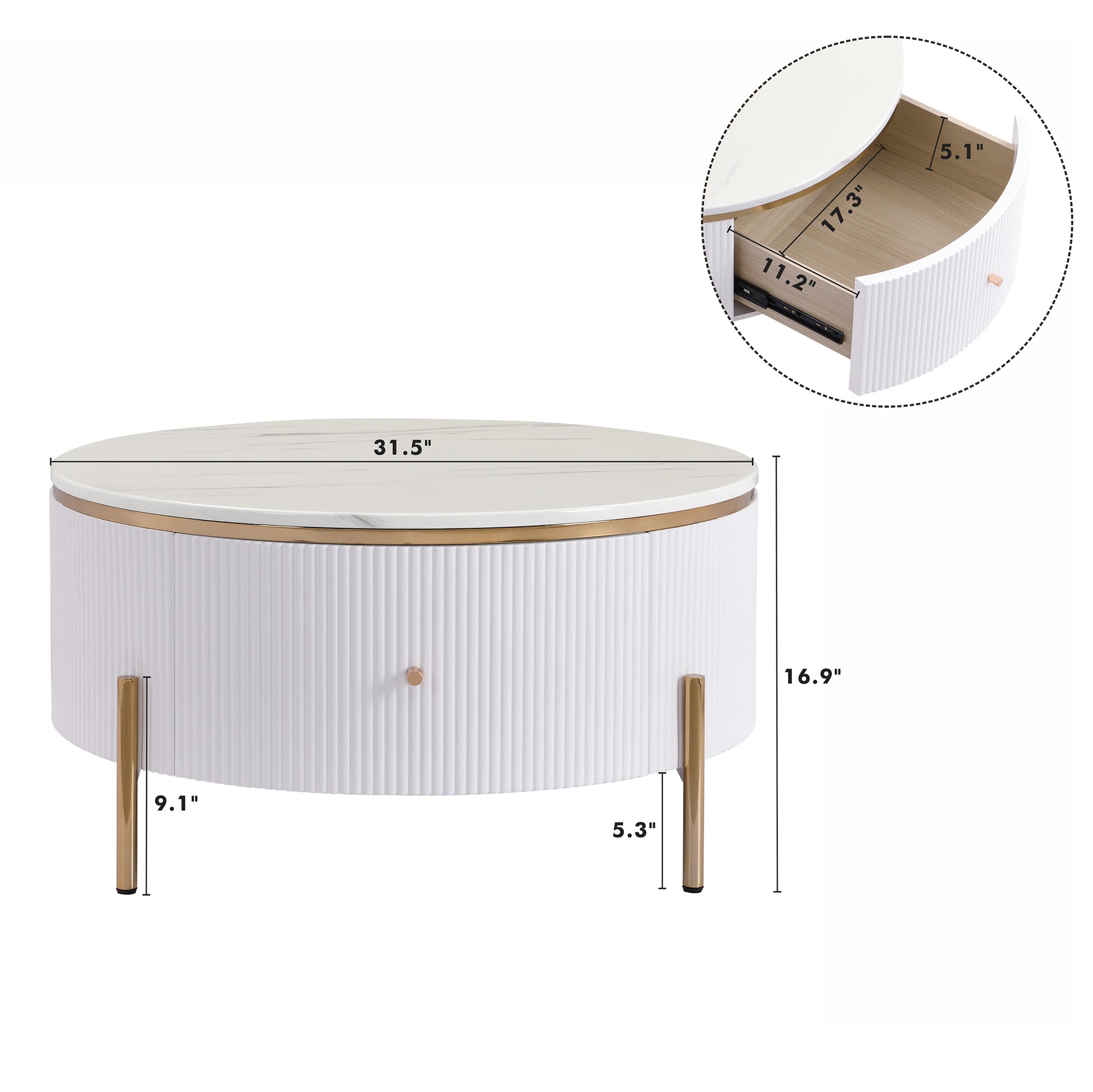 Round white coffee table with fluted texture and gold legs featuring a marblelook top and pullout drawer