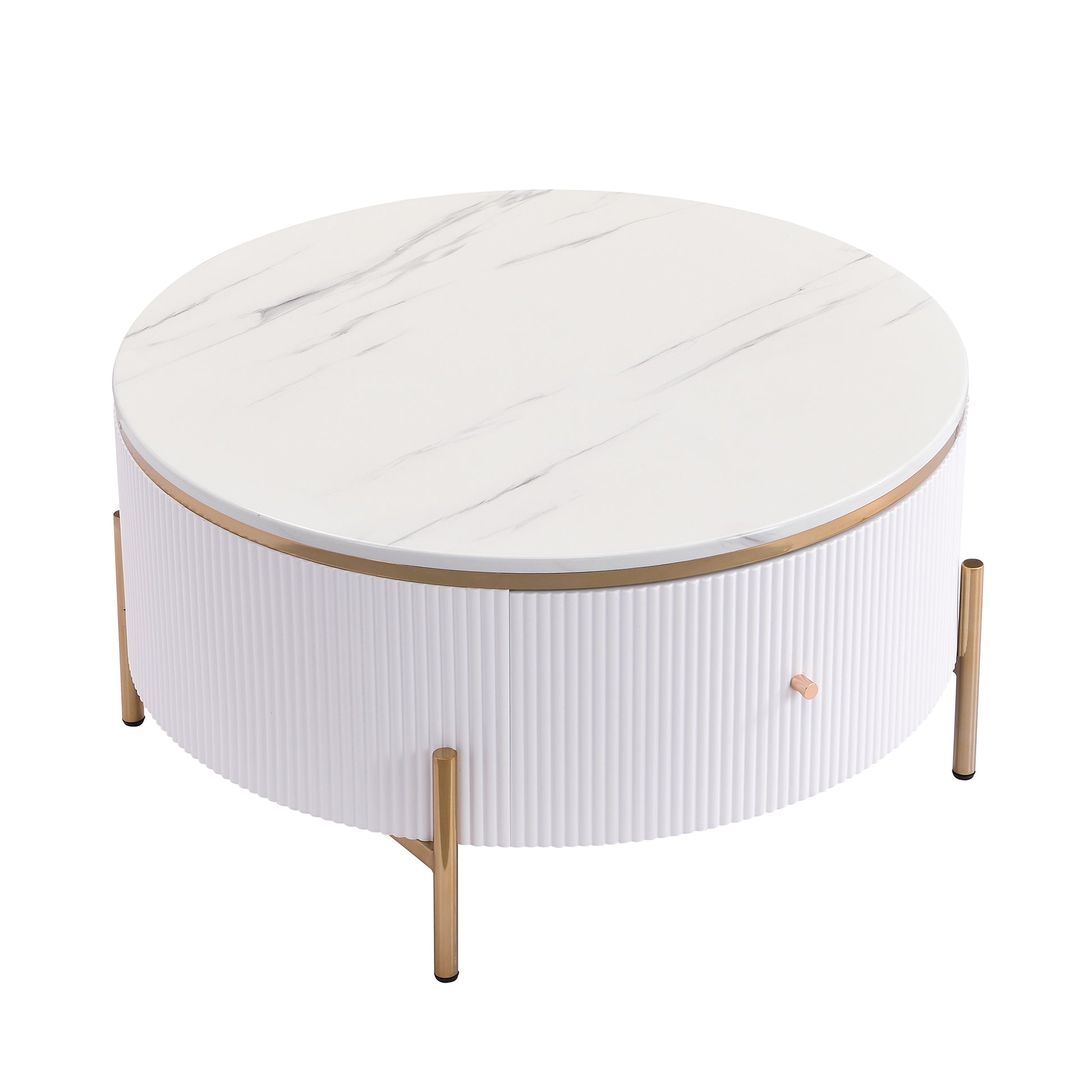 White round coffee table with faux marble top and ribbed texture base