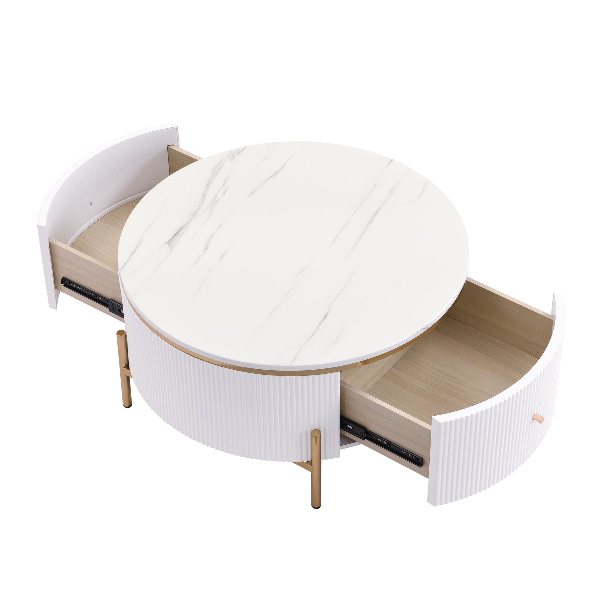 White round coffee table with marble top fluted design and gold legs