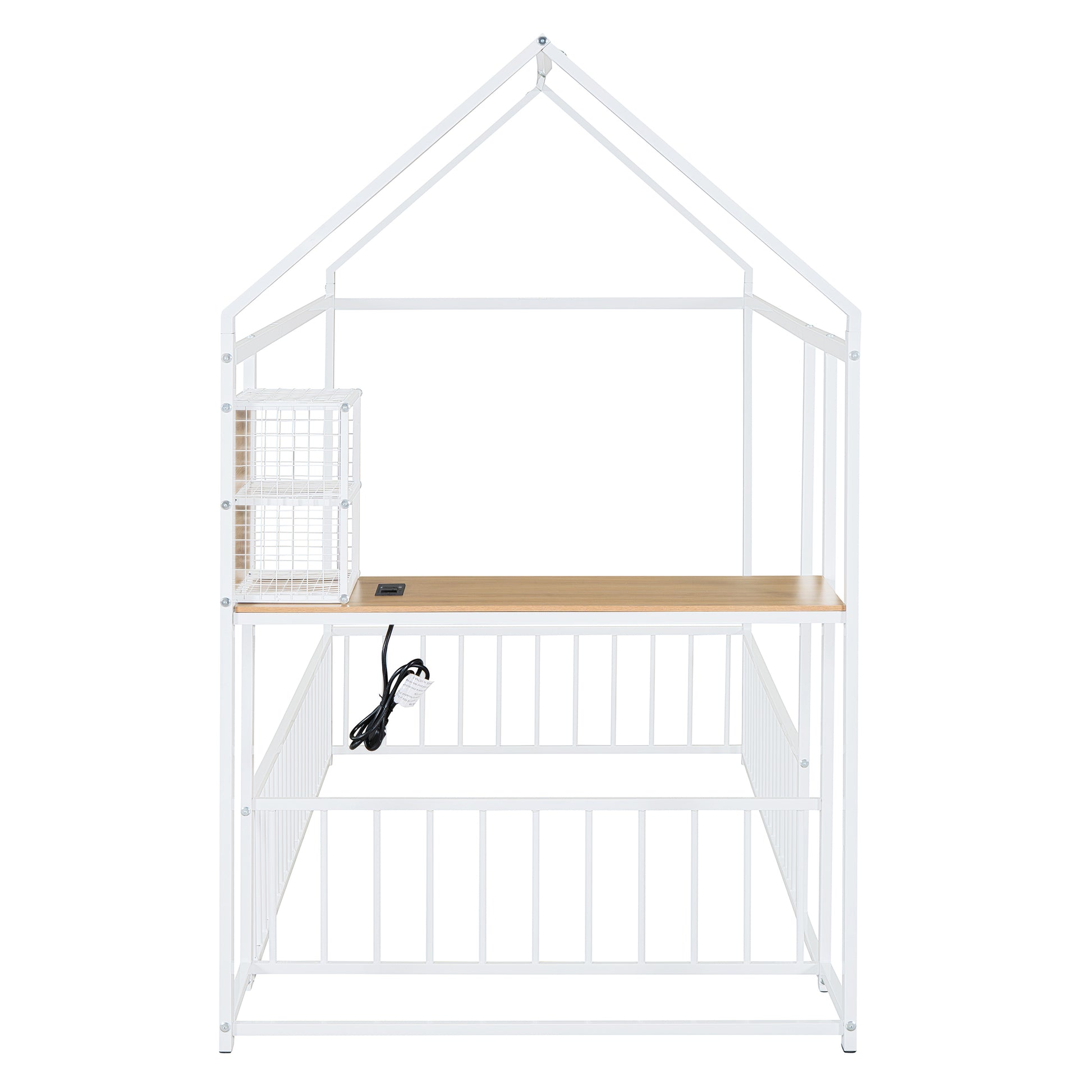 White metal house bed frame with wood desk and builtin outlets for children