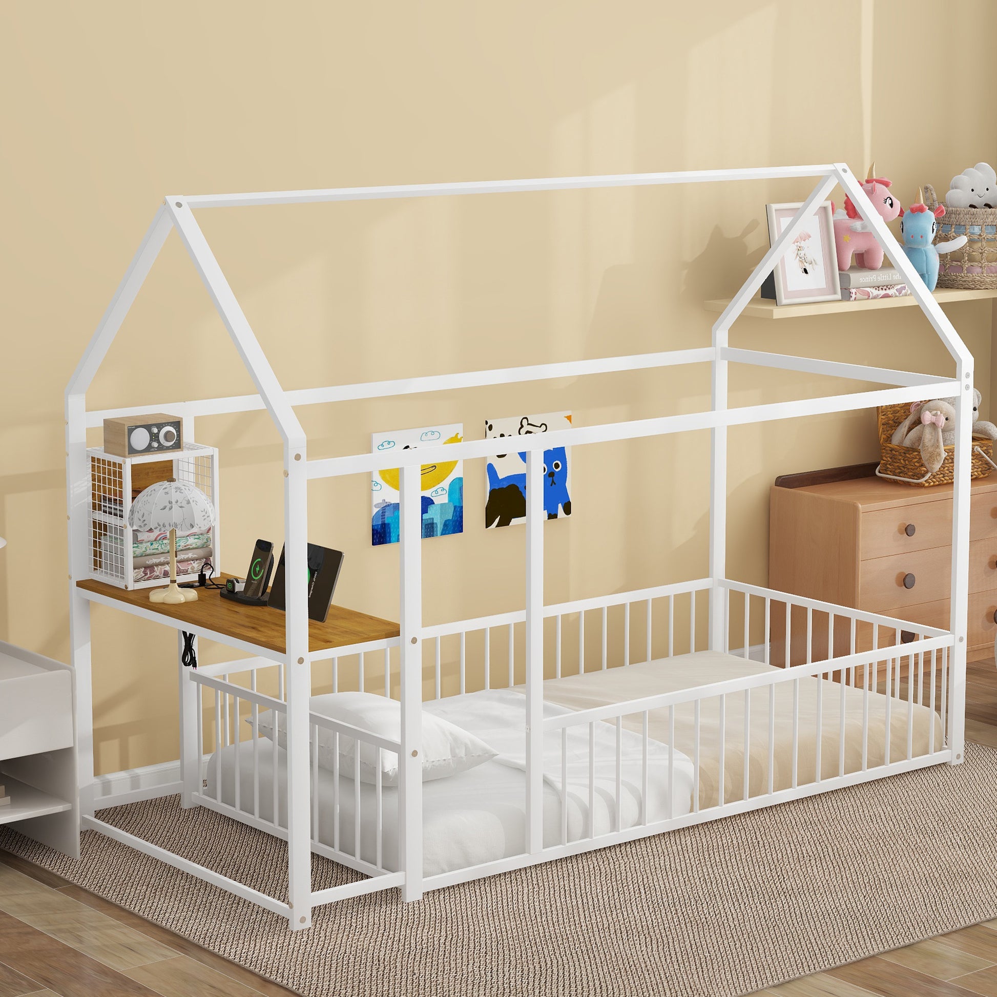White metal house bed frame with attached desk and guardrails