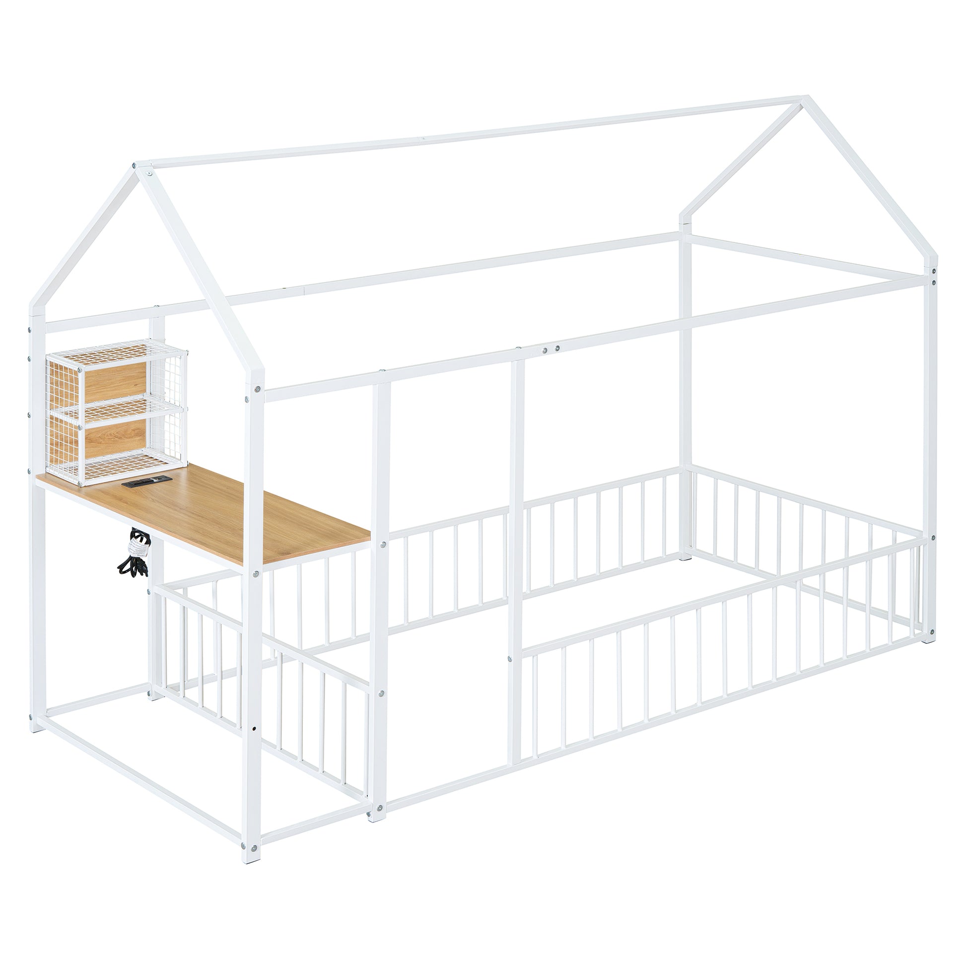 White metal house frame bed with builtin desk and shelves for kids bedroom