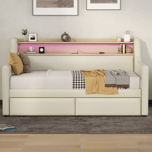 TREATLIFE HOME Twin Size Daybed with Storage Drawers, Upholstered with Charging Station and LED Lights, Beige