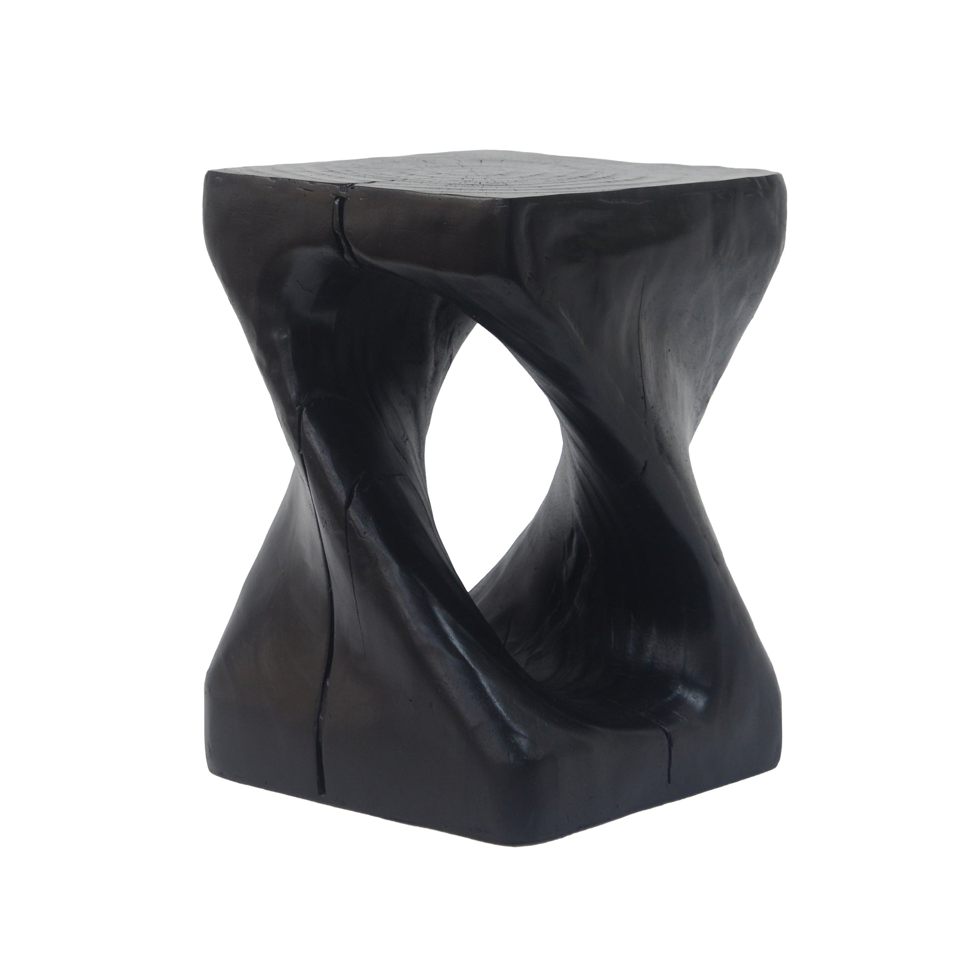 Twisted black wooden stool with hourglass silhouette natural grain accents