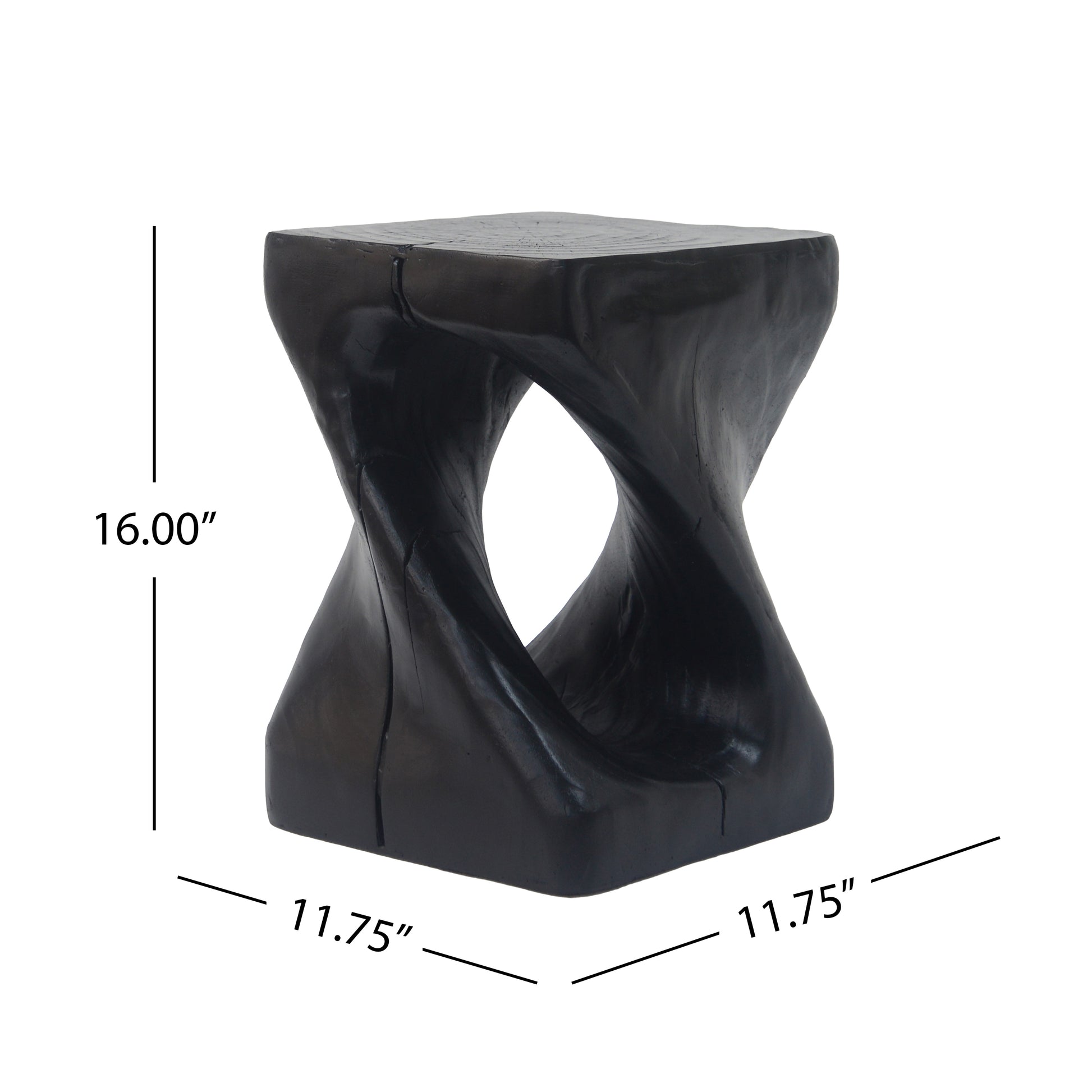 Twisted black wood accent stool with cutout center for modern decor