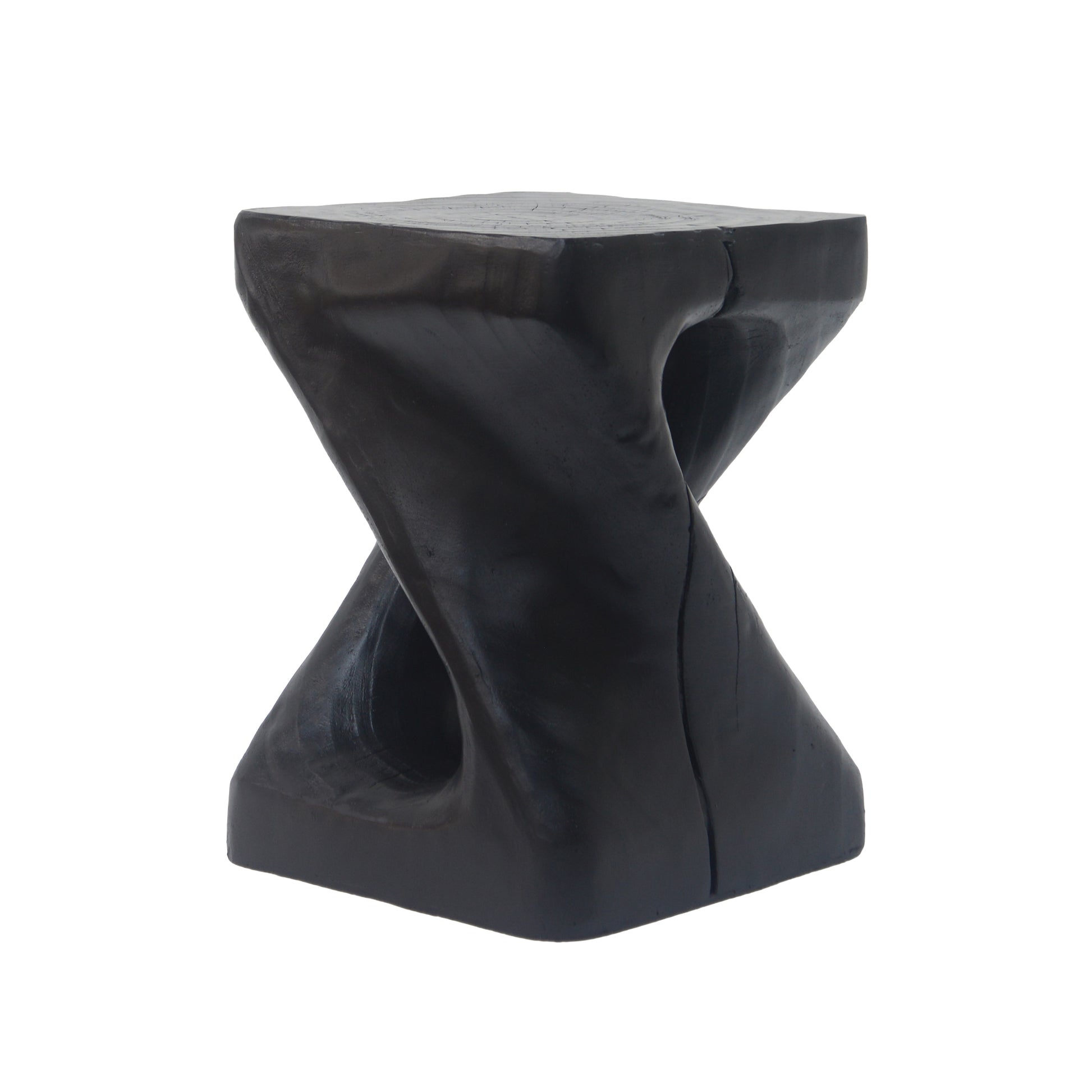 Twisted black wood side table with hourglass shape and natural grain texture