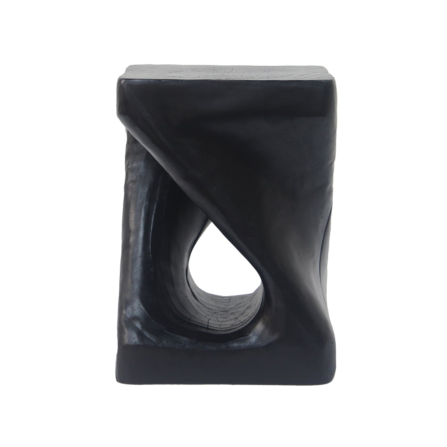 Black abstract wooden stool with a carved hourglass shape and textured surface