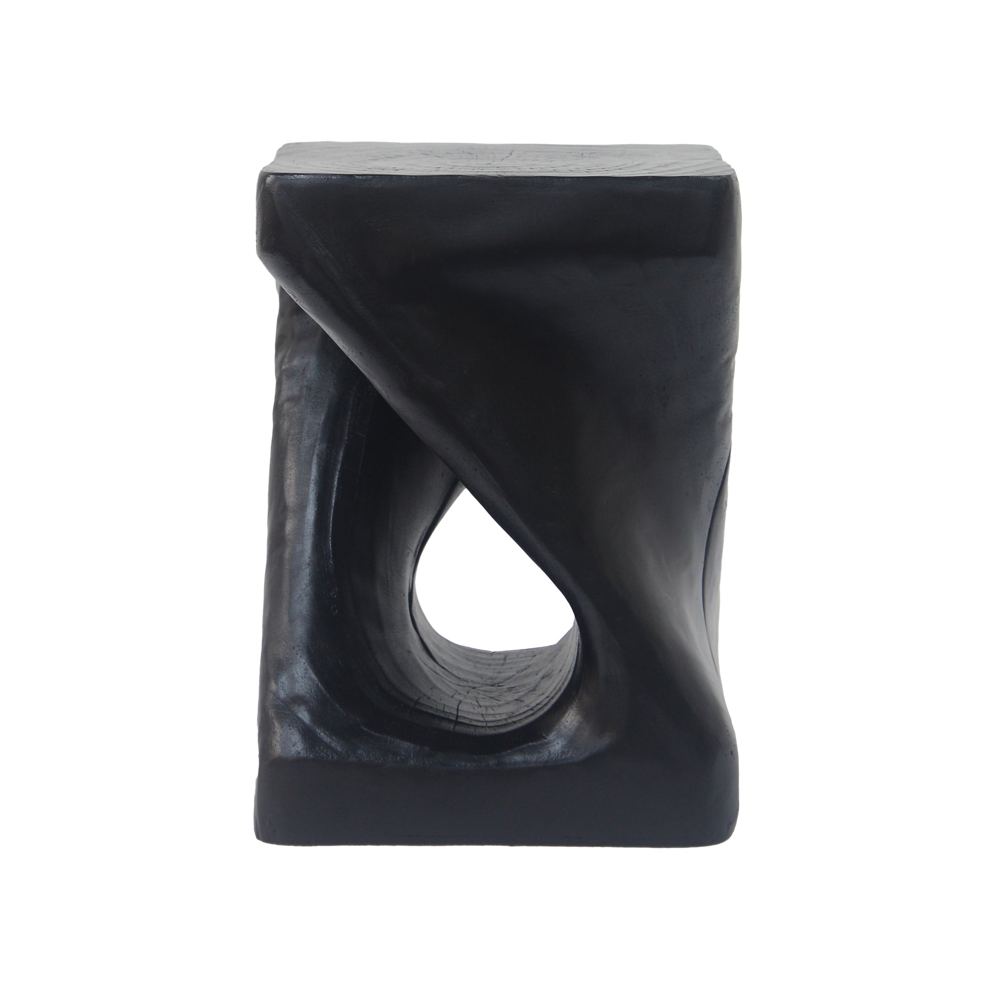 Black abstract wooden stool with a carved hourglass shape and textured surface