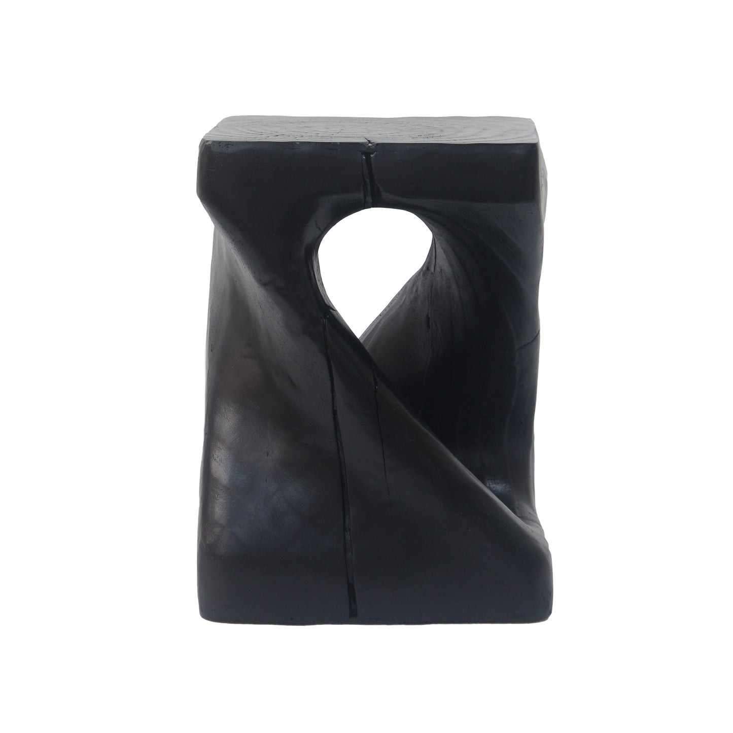 Black carved wood stool with a twisted opening natural finish accent furniture