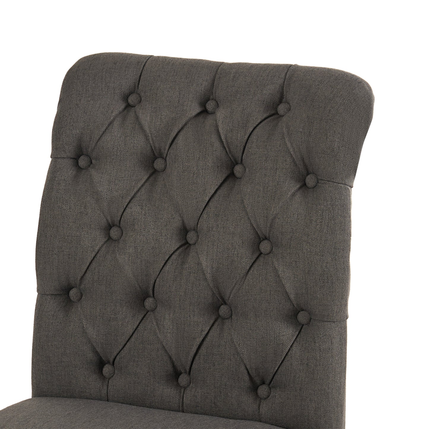 Charcoal grey fabric dining chair with diamond tufting and button details