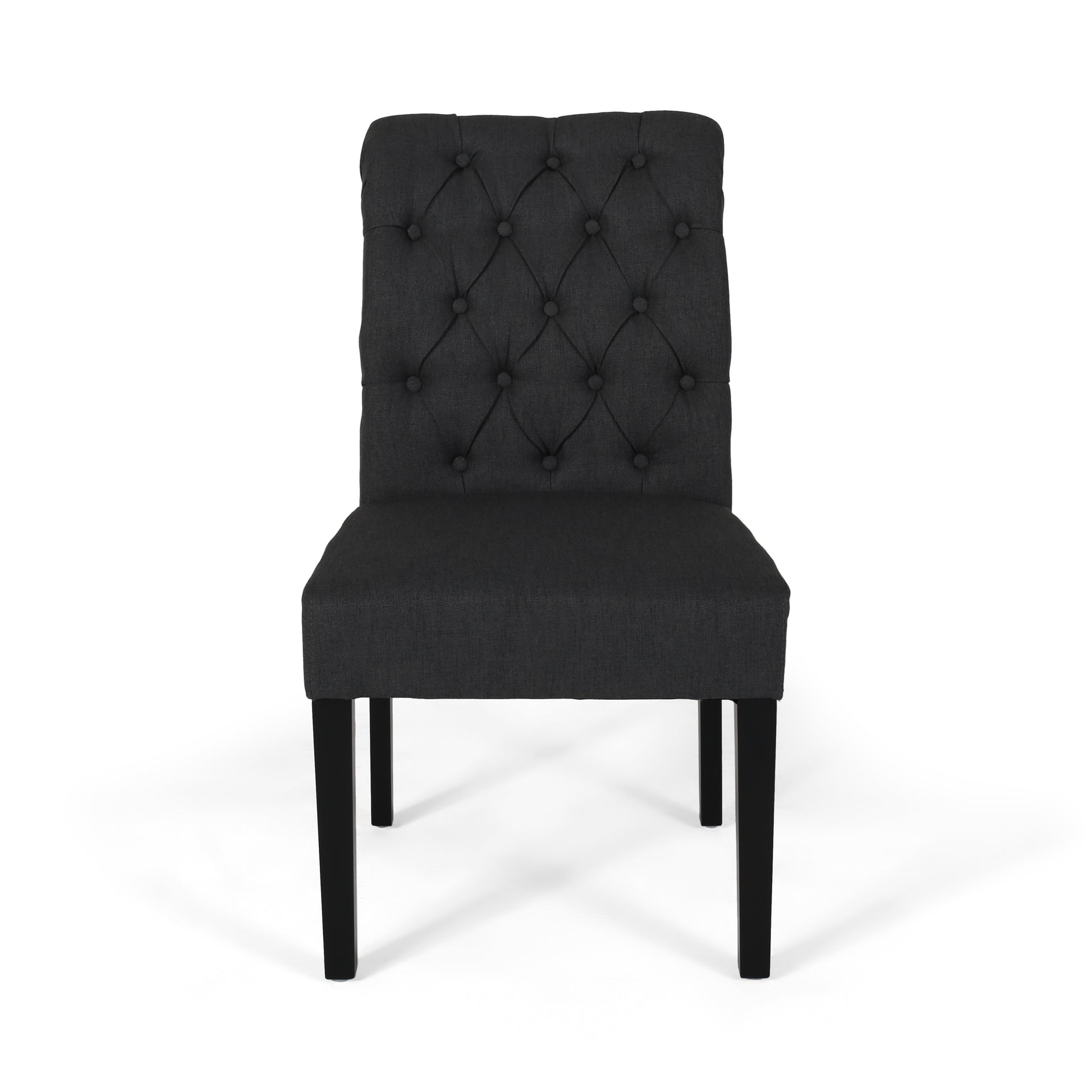 Tufted charcoal fabric dining chair with dark wood legs elegant and classic style
