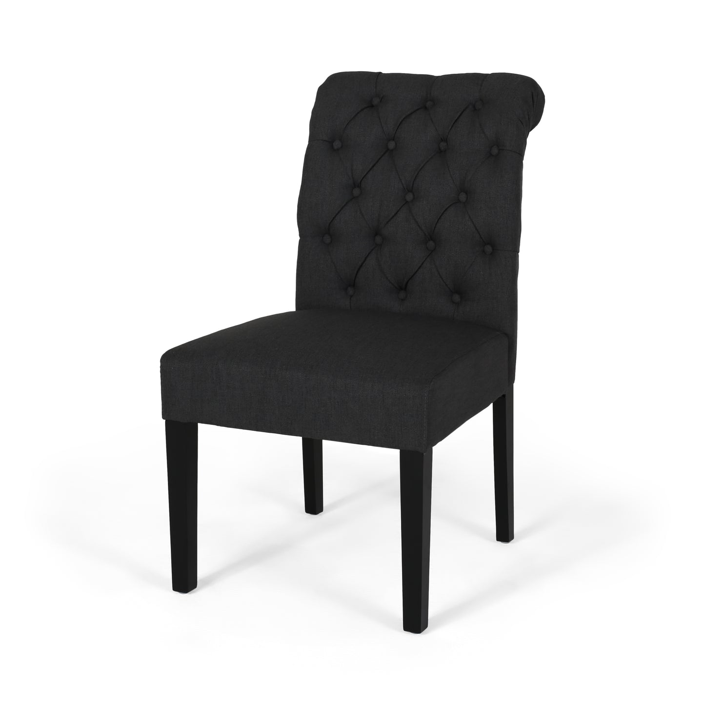 Elegant tufted charcoal upholstered dining chair with dark wood legs