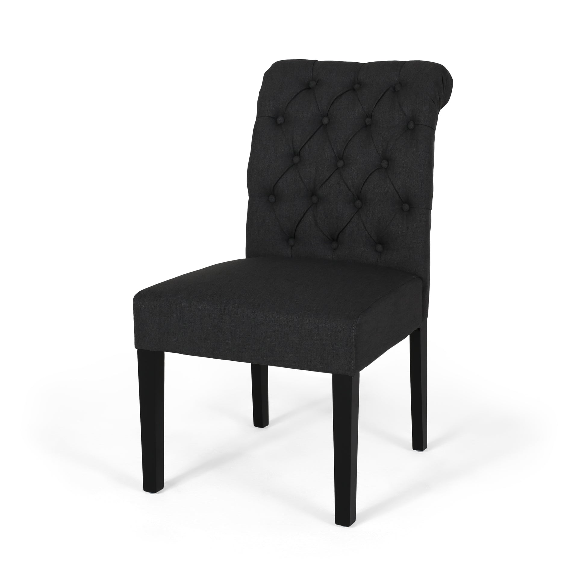 Elegant tufted charcoal upholstered dining chair with dark wood legs
