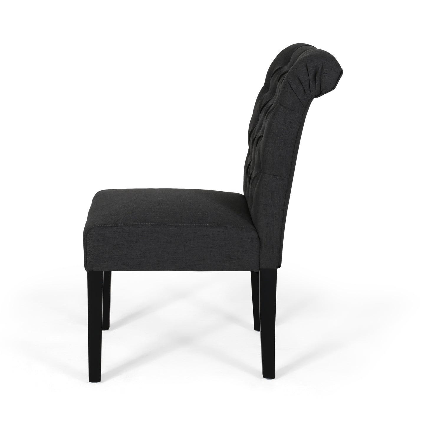 Dark grey fabric dining chair with tufted back and black wooden legs