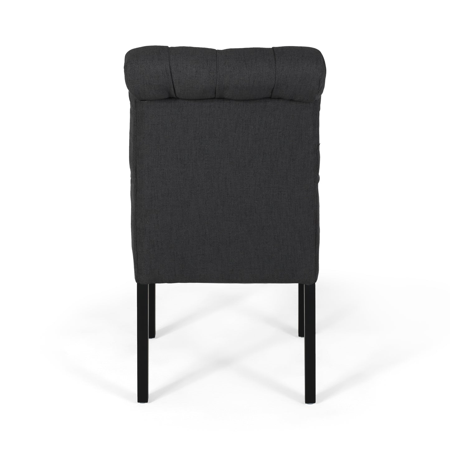 Dark gray tufted upholstered accent chair with black wooden legs